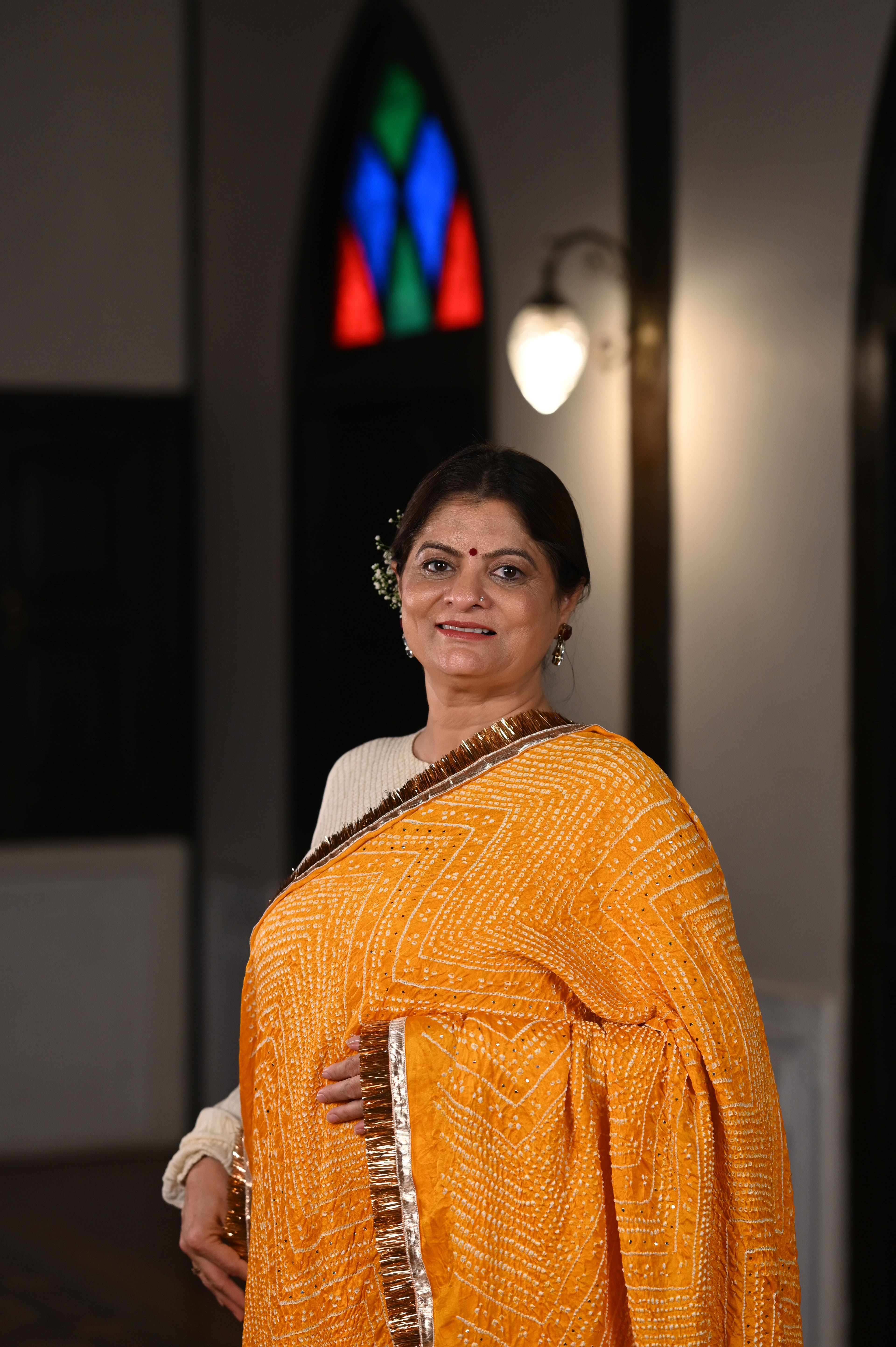 YELLOW CHEVRON BANDHANI SILK DUPATTA WITH LAMPI AND KIRAN BORDER
