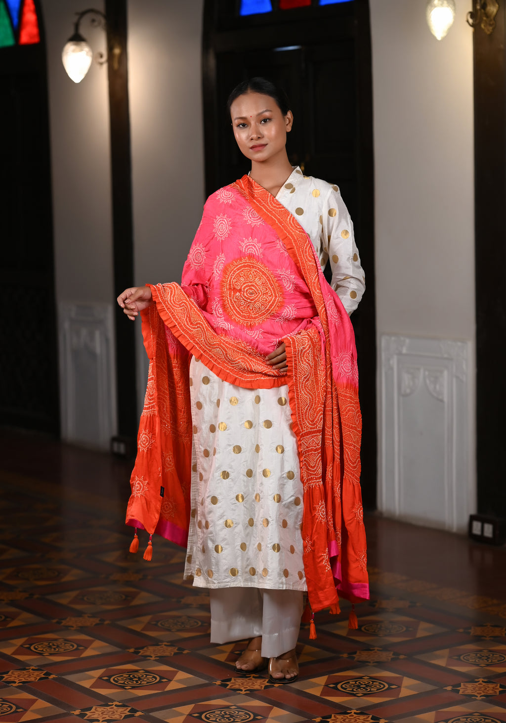 PEACH-ORANGE CLASSIC TRADITIONAL LADDU BANDHANI SILK DUPATTA WITH MUKAISH WORK AND TASSELS