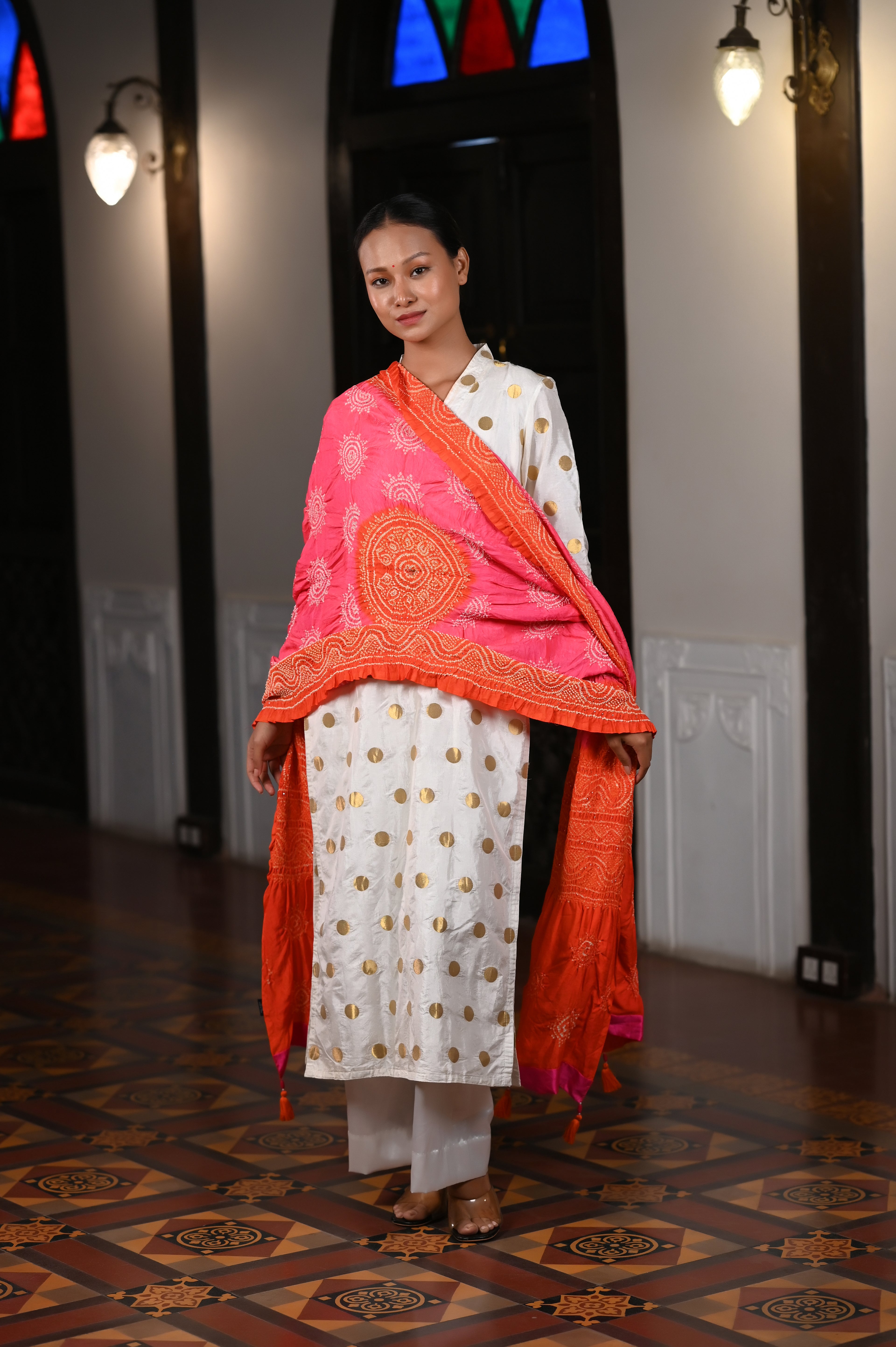 PEACH-ORANGE CLASSIC TRADITIONAL LADDU BANDHANI SILK DUPATTA WITH MUKAISH WORK AND TASSELS