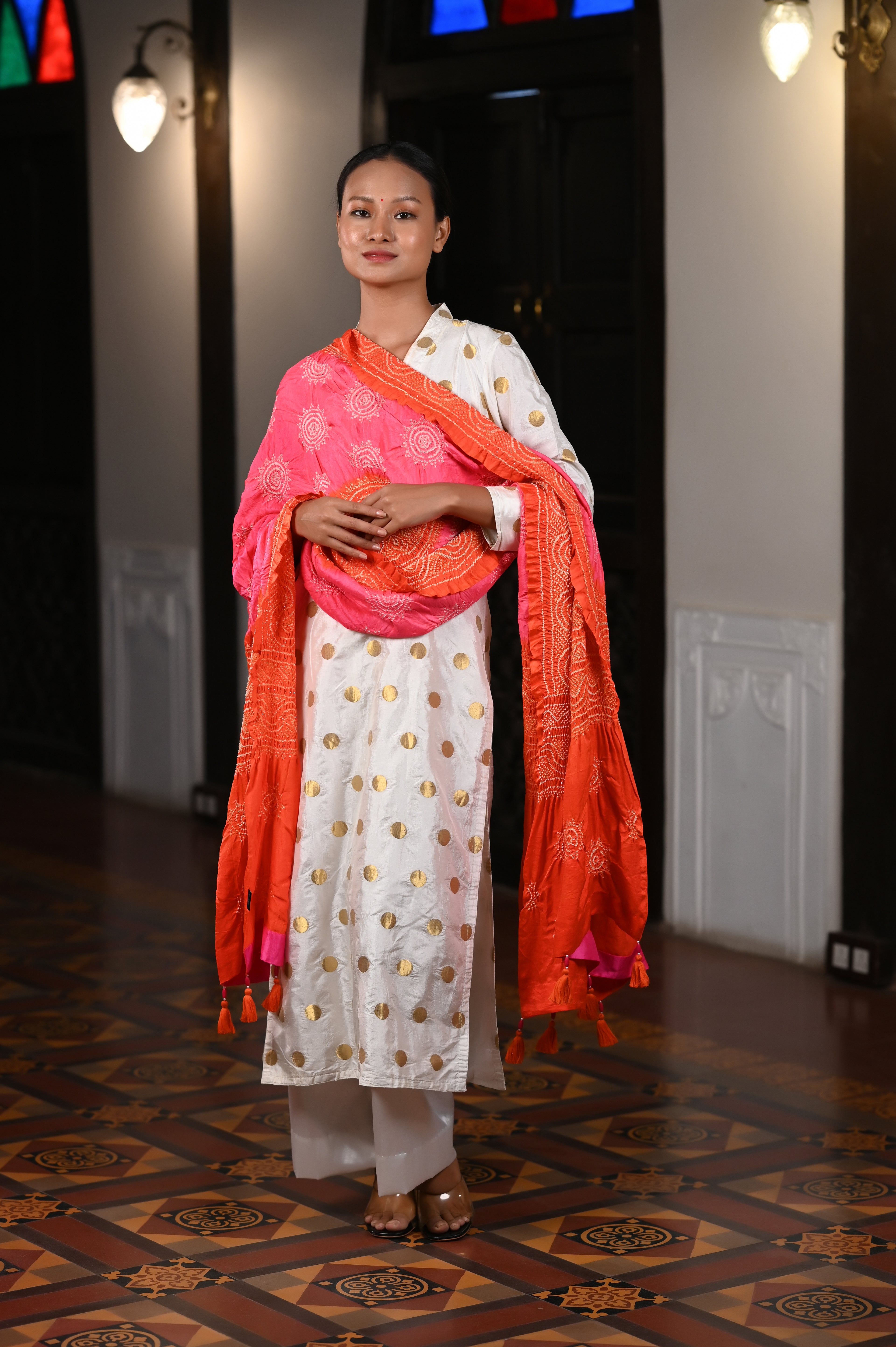 PEACH-ORANGE CLASSIC TRADITIONAL LADDU BANDHANI SILK DUPATTA WITH MUKAISH WORK AND TASSELS