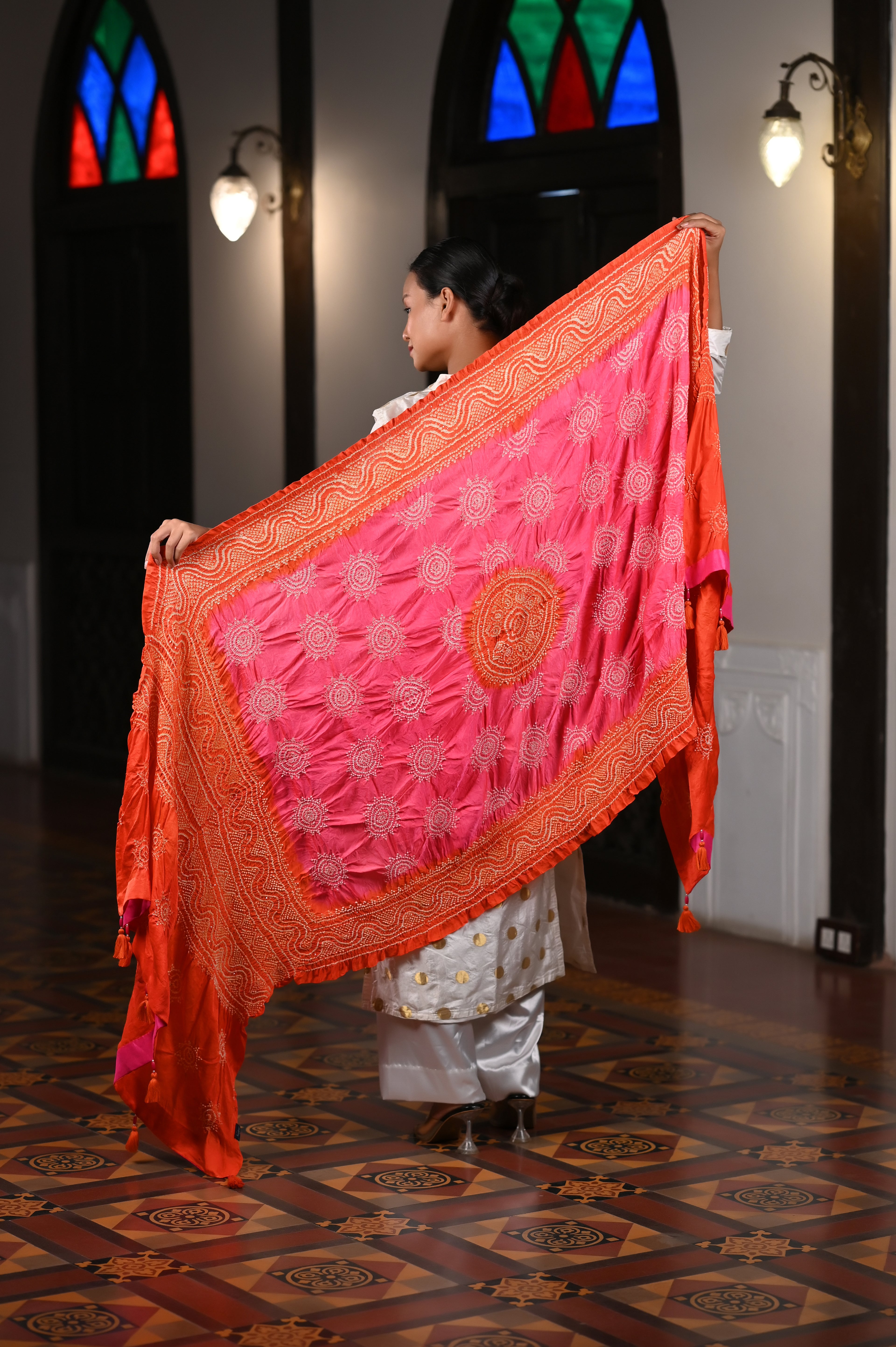 PEACH-ORANGE CLASSIC TRADITIONAL LADDU BANDHANI SILK DUPATTA WITH MUKAISH WORK AND TASSELS