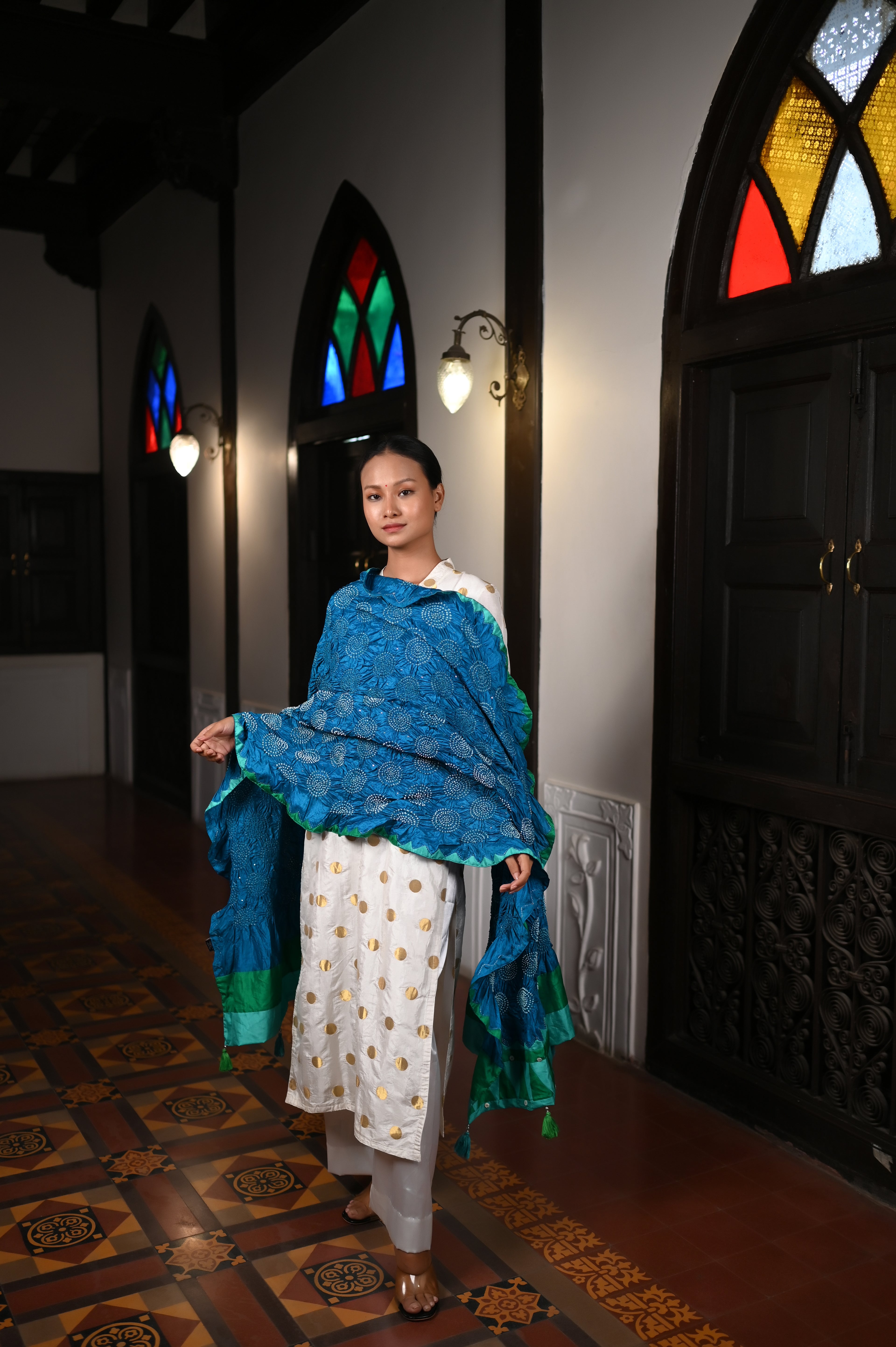 BLUE CIRCLE OF THE LIFE BANDHANI SILK DUPATTA WITH APPLIQUE BORDER AND TASSELS