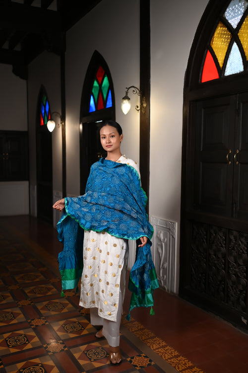 BLUE CIRCLE OF THE LIFE BANDHANI SILK DUPATTA WITH APPLIQUE BORDER AND TASSELS