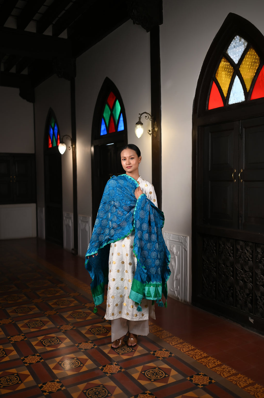 BLUE CIRCLE OF THE LIFE BANDHANI SILK DUPATTA WITH APPLIQUE BORDER AND TASSELS