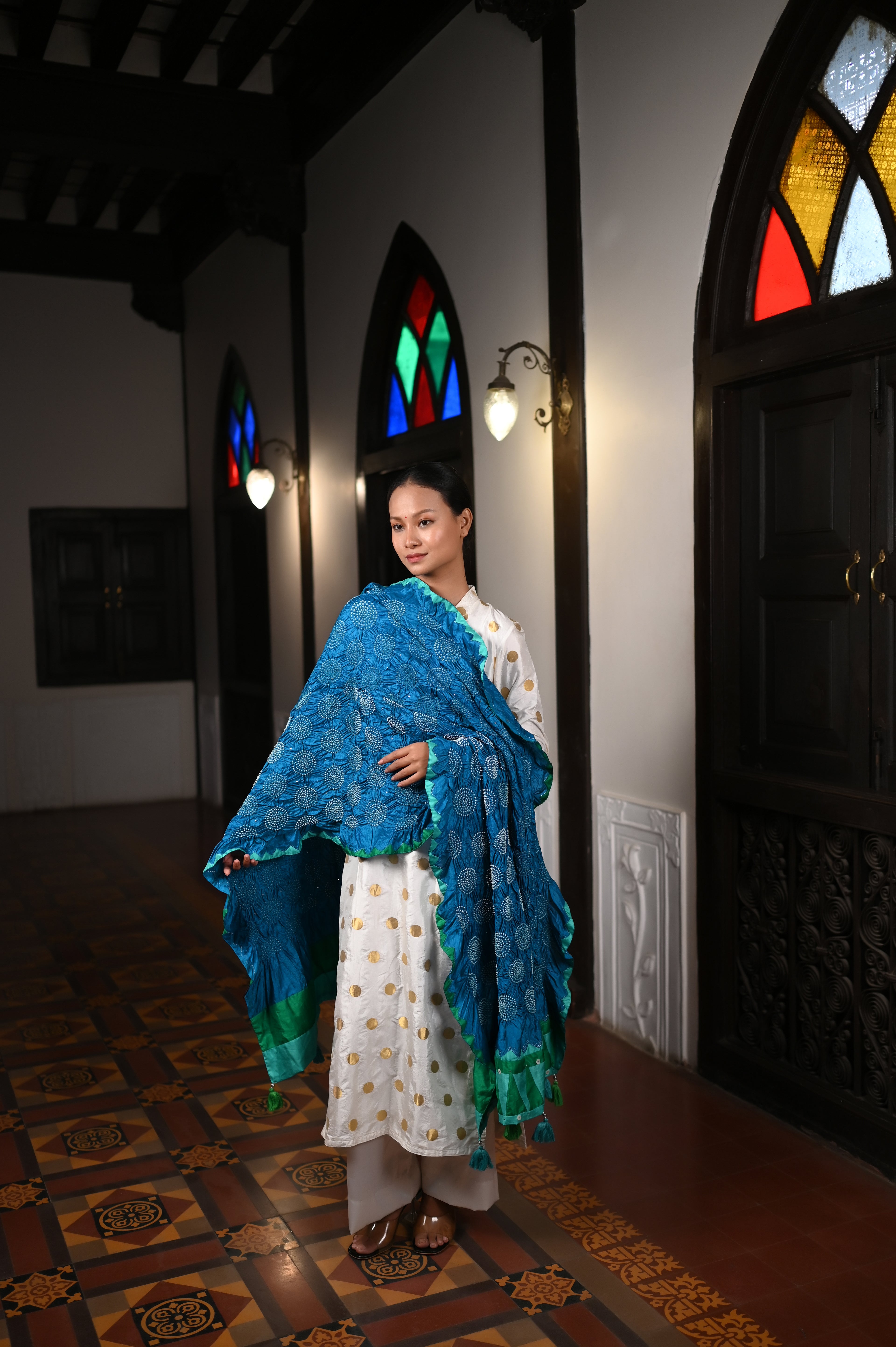 BLUE CIRCLE OF THE LIFE BANDHANI SILK DUPATTA WITH APPLIQUE BORDER AND TASSELS