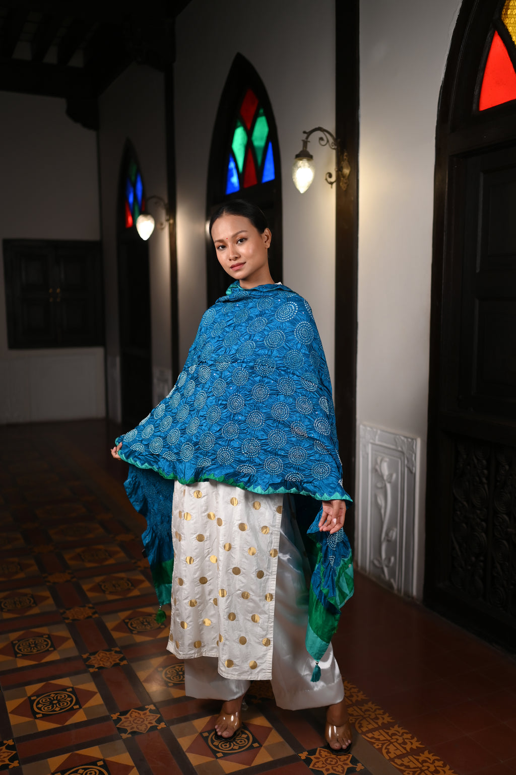 BLUE CIRCLE OF THE LIFE BANDHANI SILK DUPATTA WITH APPLIQUE BORDER AND TASSELS