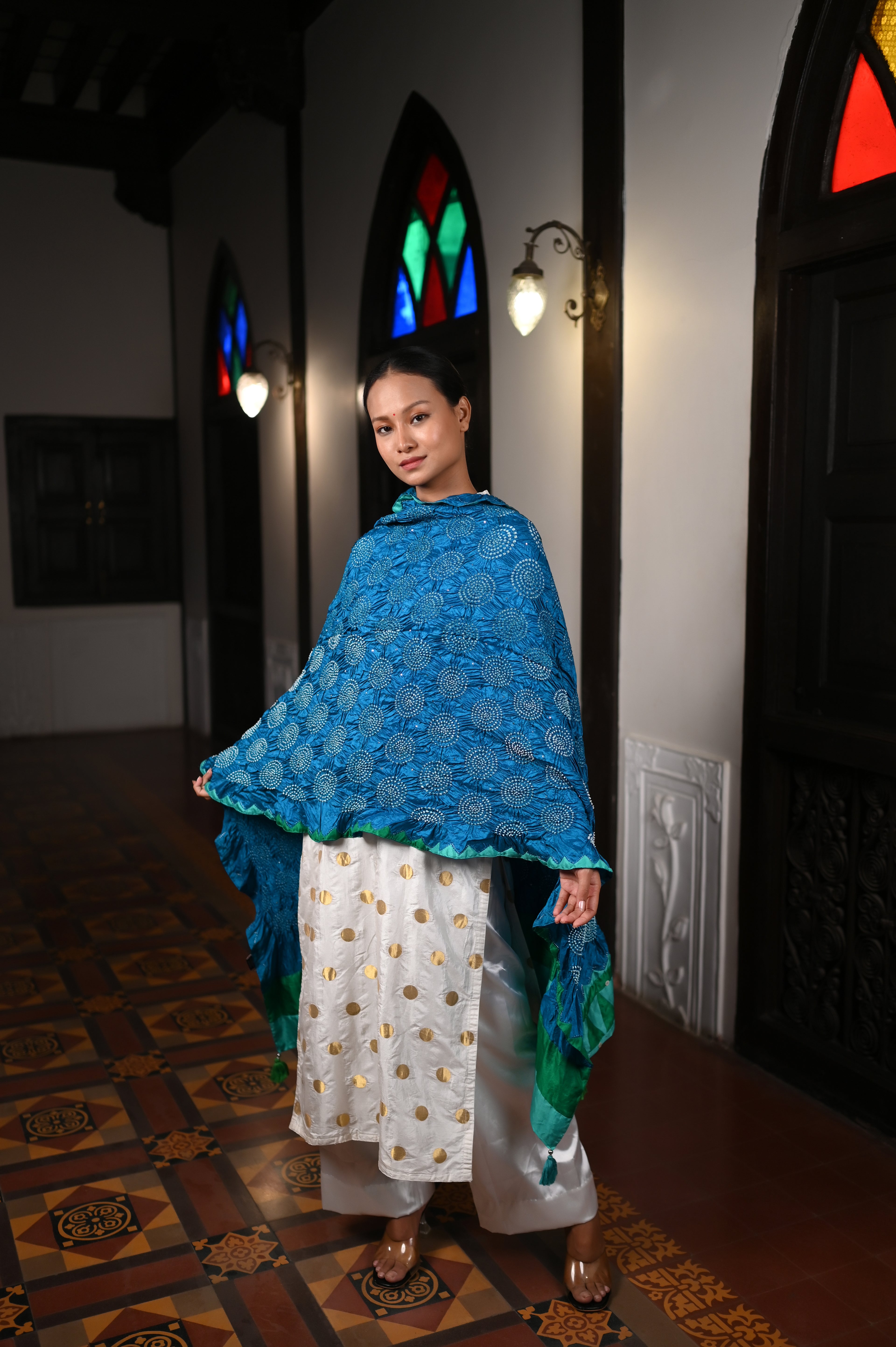 BLUE CIRCLE OF THE LIFE BANDHANI SILK DUPATTA WITH APPLIQUE BORDER AND TASSELS