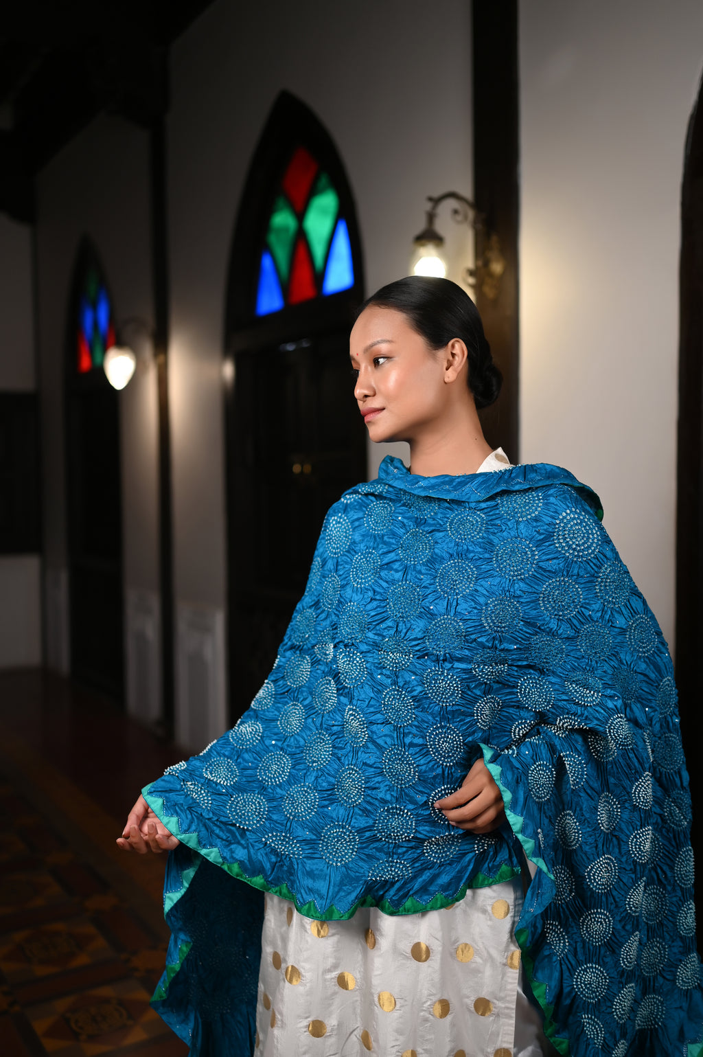 BLUE CIRCLE OF THE LIFE BANDHANI SILK DUPATTA WITH APPLIQUE BORDER AND TASSELS