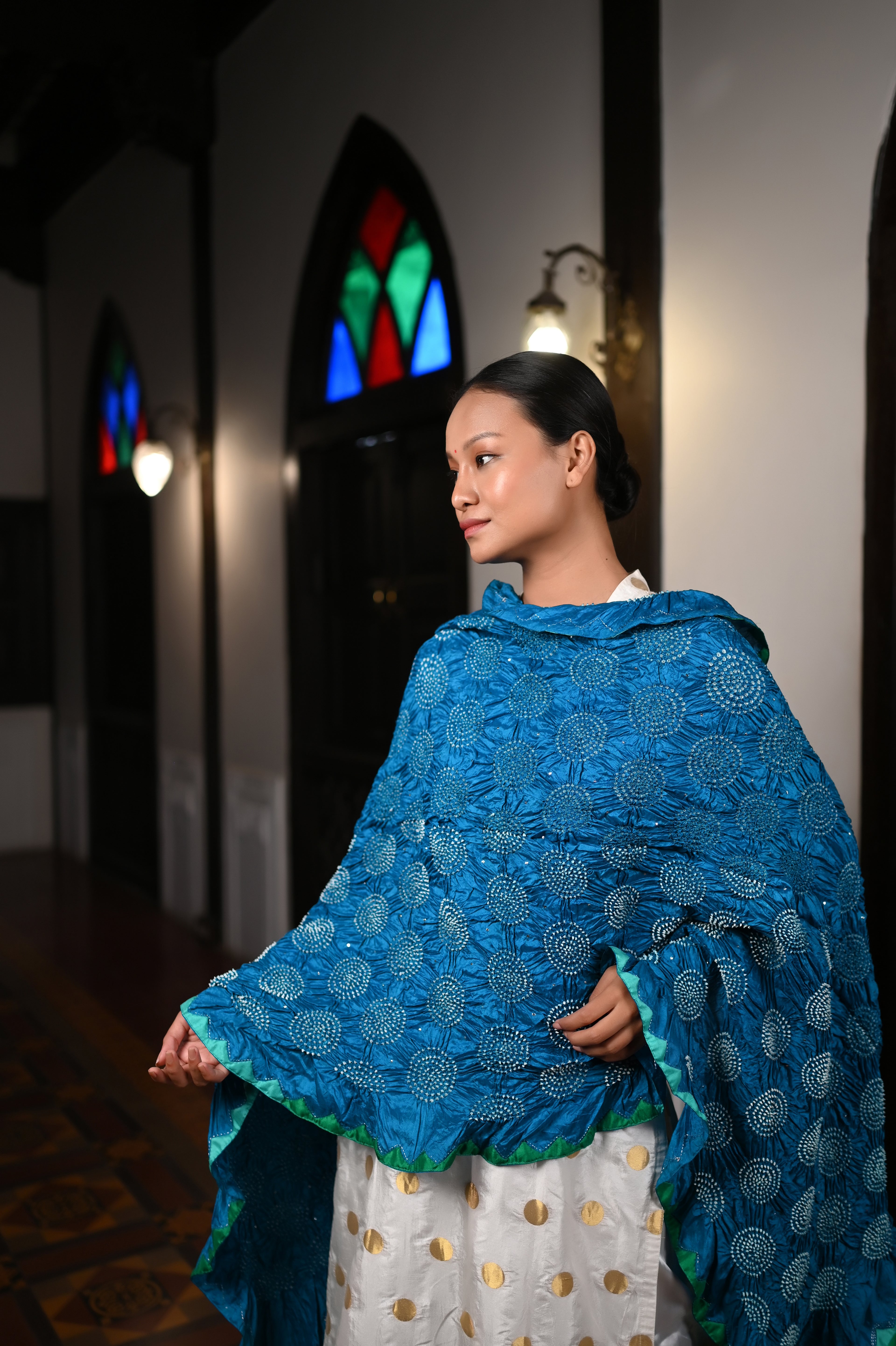 BLUE CIRCLE OF THE LIFE BANDHANI SILK DUPATTA WITH APPLIQUE BORDER AND TASSELS
