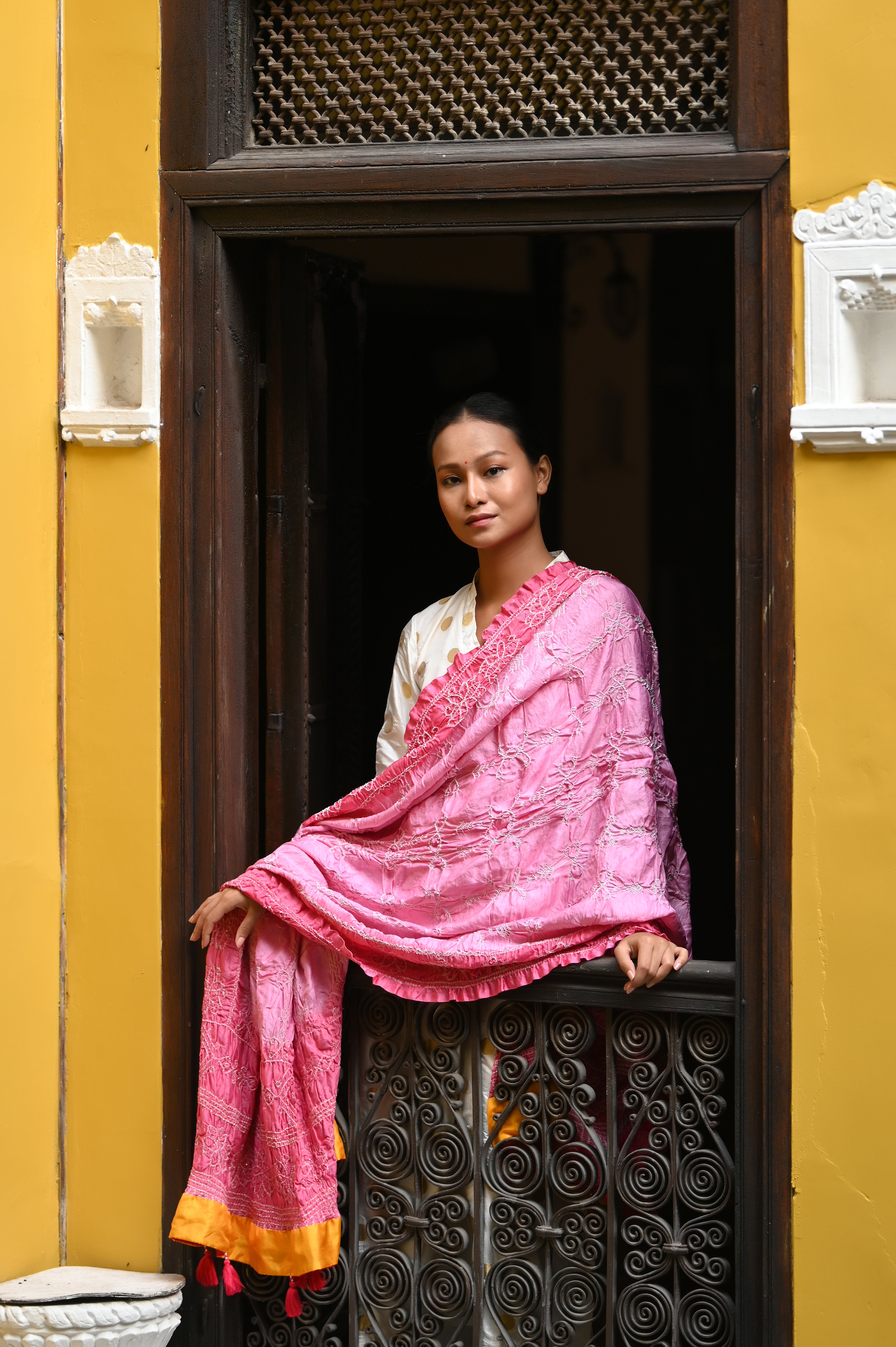 PINK MALAYSIAN IKAT BANDHANI SILK DUPATTA WITH EMBROIDERY AND TASSELS