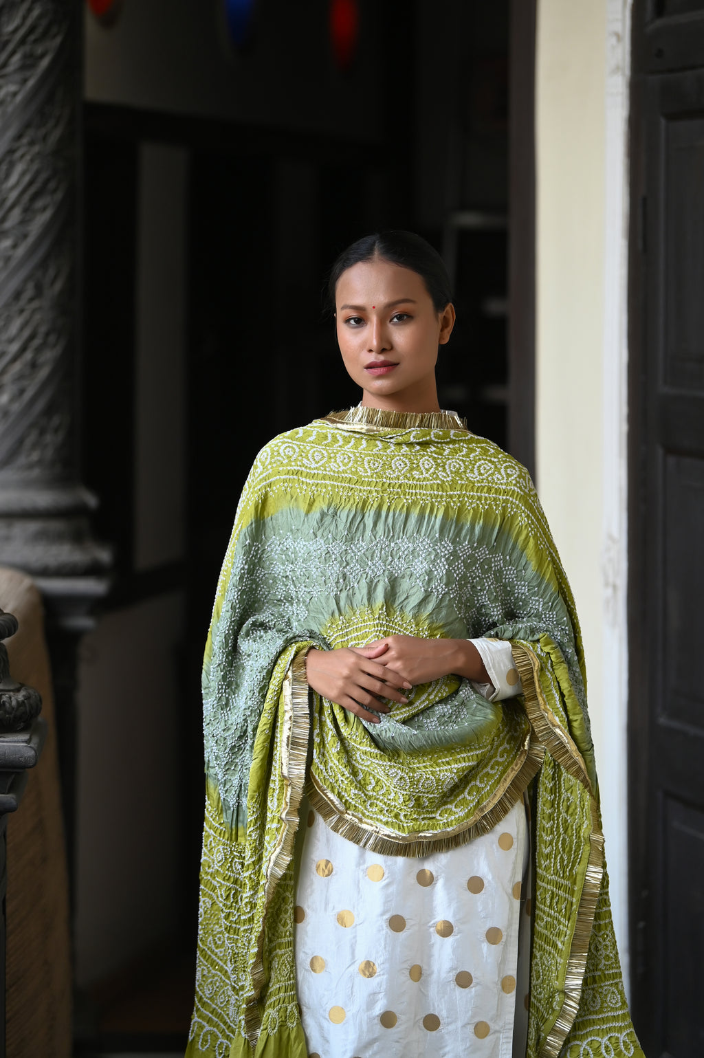 GREY-GREEN CLASSIC TRADITIONAL BANDHANI SILK DUPATTA WITH MUKAISH WORK AND KIRAN BORDER