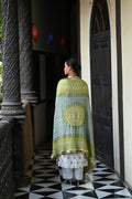 GREY-GREEN CLASSIC TRADITIONAL BANDHANI SILK DUPATTA WITH MUKAISH WORK AND KIRAN BORDER