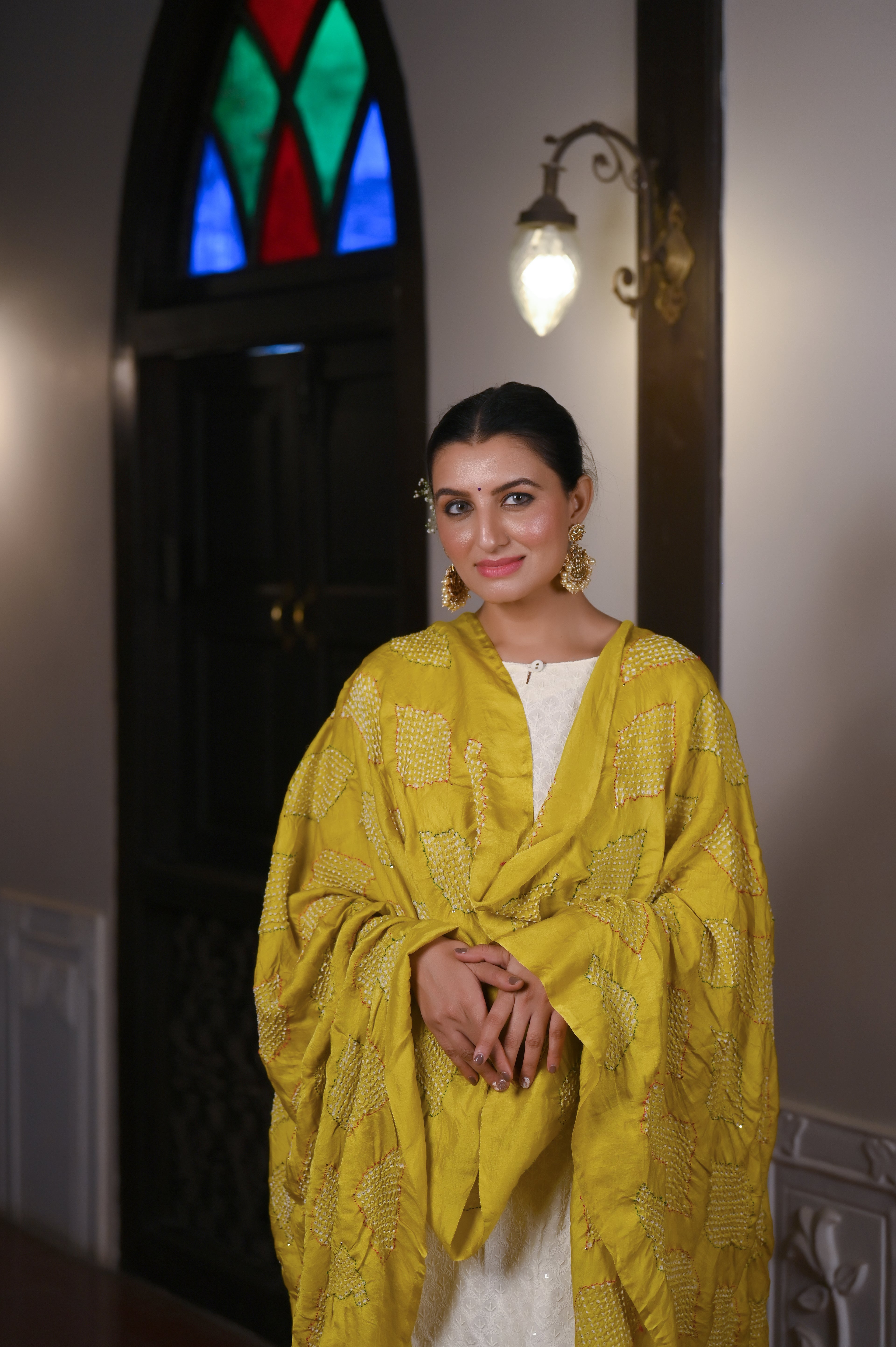 MUSTARD YELLOW GEOMETRIC BANDHANI SILK DUPATTA WITH EMBROIDERY AND MUKAISH WORK
