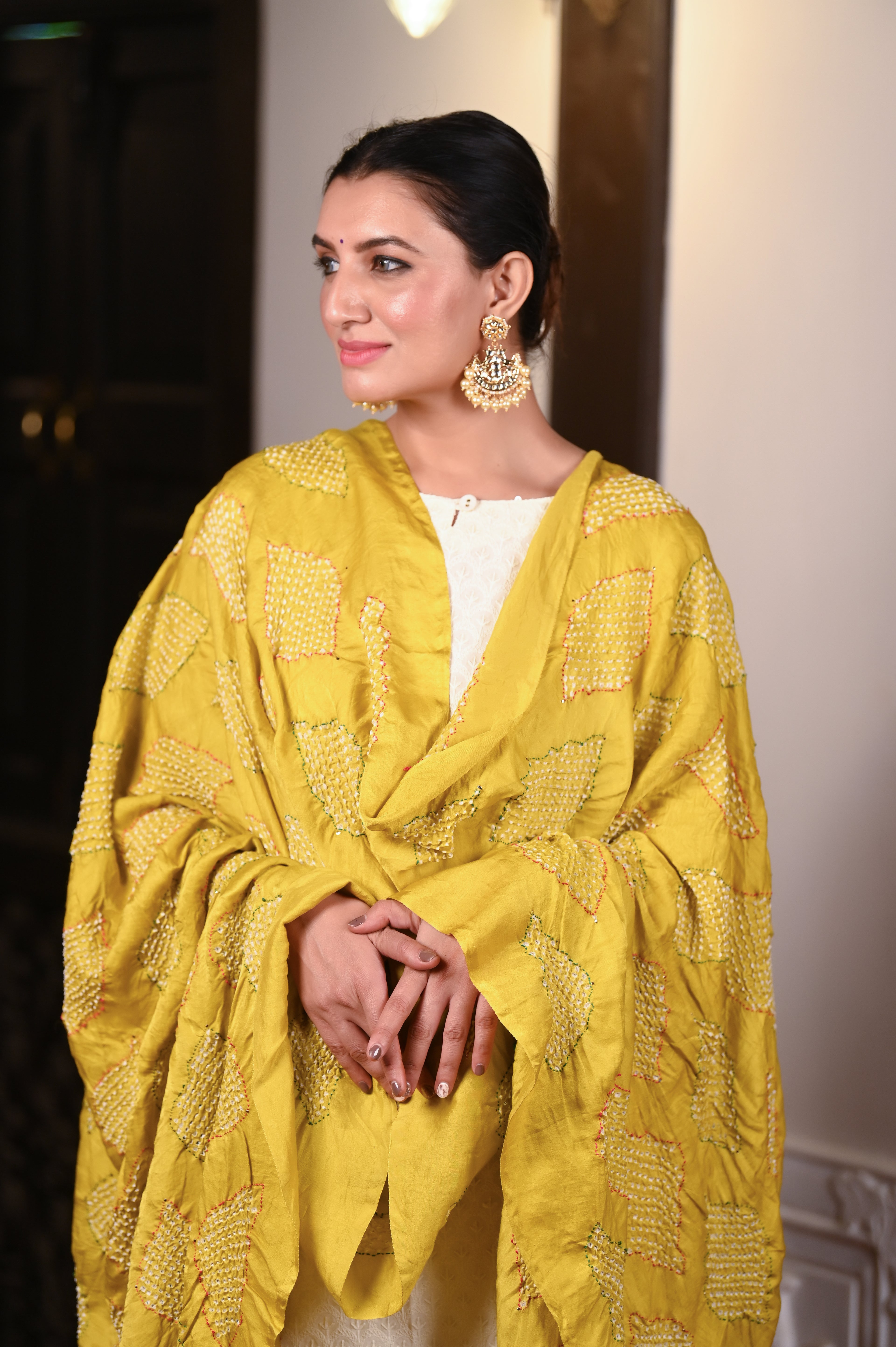 MUSTARD YELLOW GEOMETRIC BANDHANI SILK DUPATTA WITH EMBROIDERY AND MUKAISH WORK