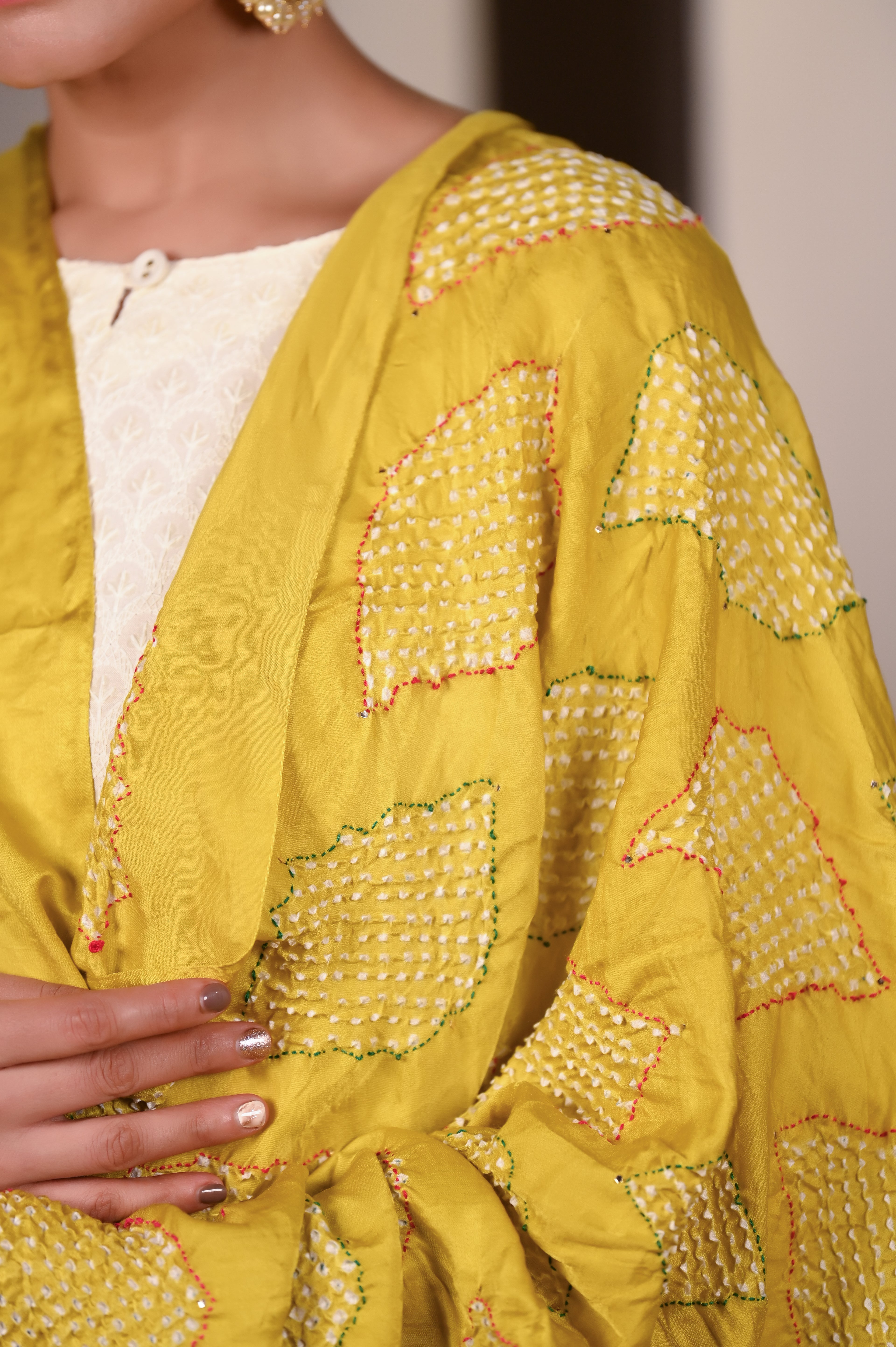 MUSTARD YELLOW GEOMETRIC BANDHANI SILK DUPATTA WITH EMBROIDERY AND MUKAISH WORK