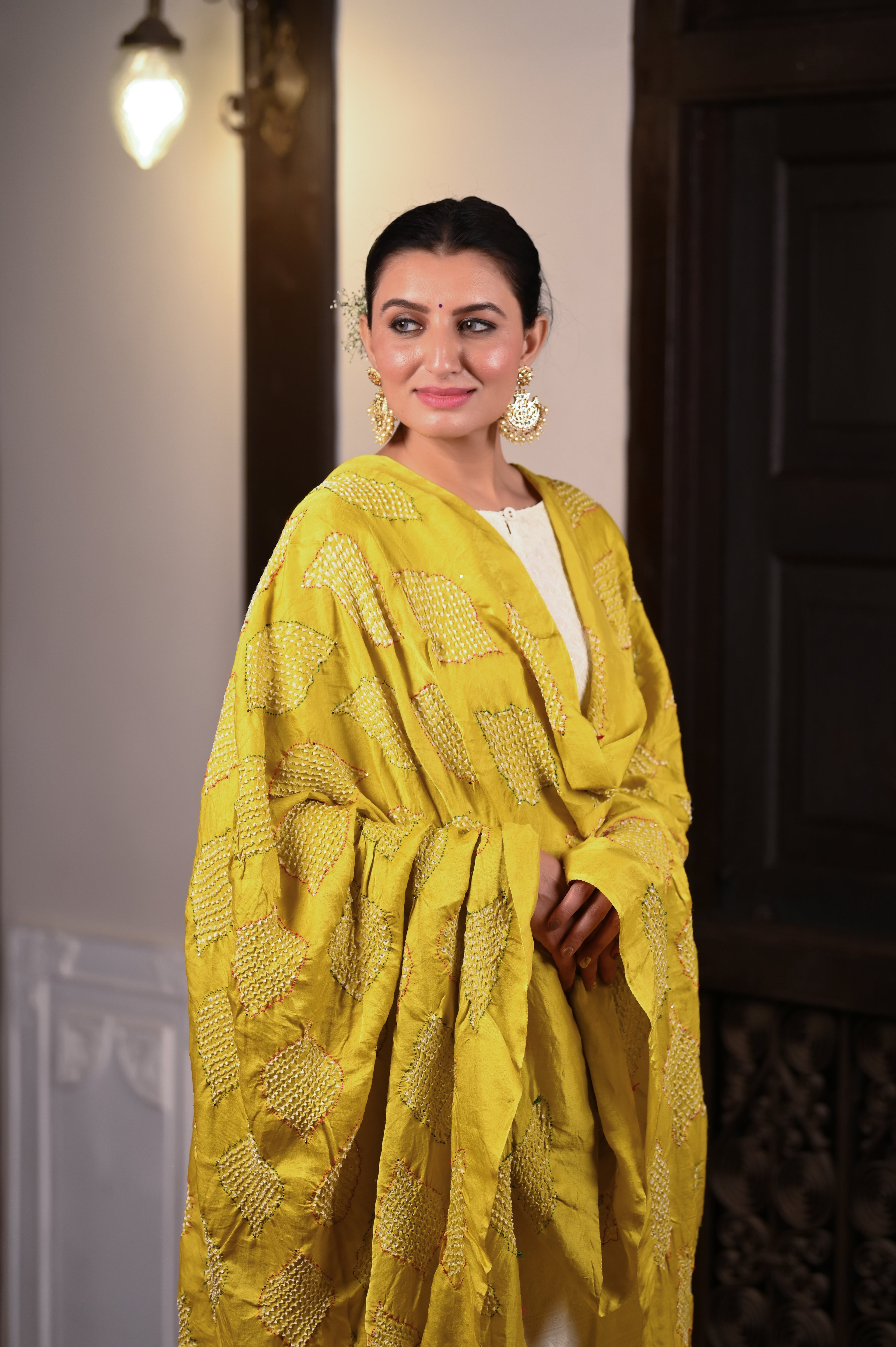 MUSTARD YELLOW GEOMETRIC BANDHANI SILK DUPATTA WITH EMBROIDERY AND MUKAISH WORK
