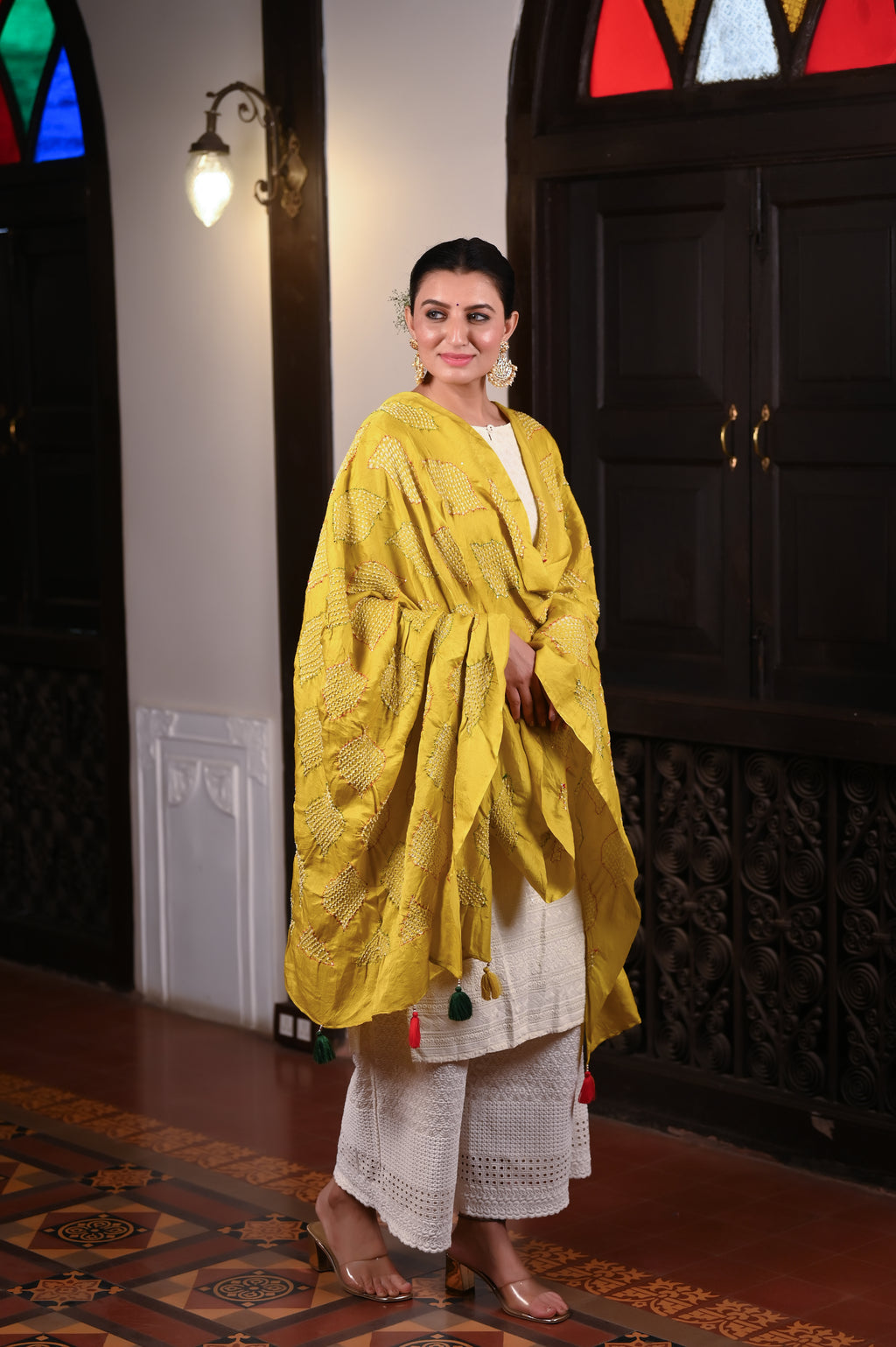 MUSTARD YELLOW GEOMETRIC BANDHANI SILK DUPATTA WITH EMBROIDERY AND MUKAISH WORK