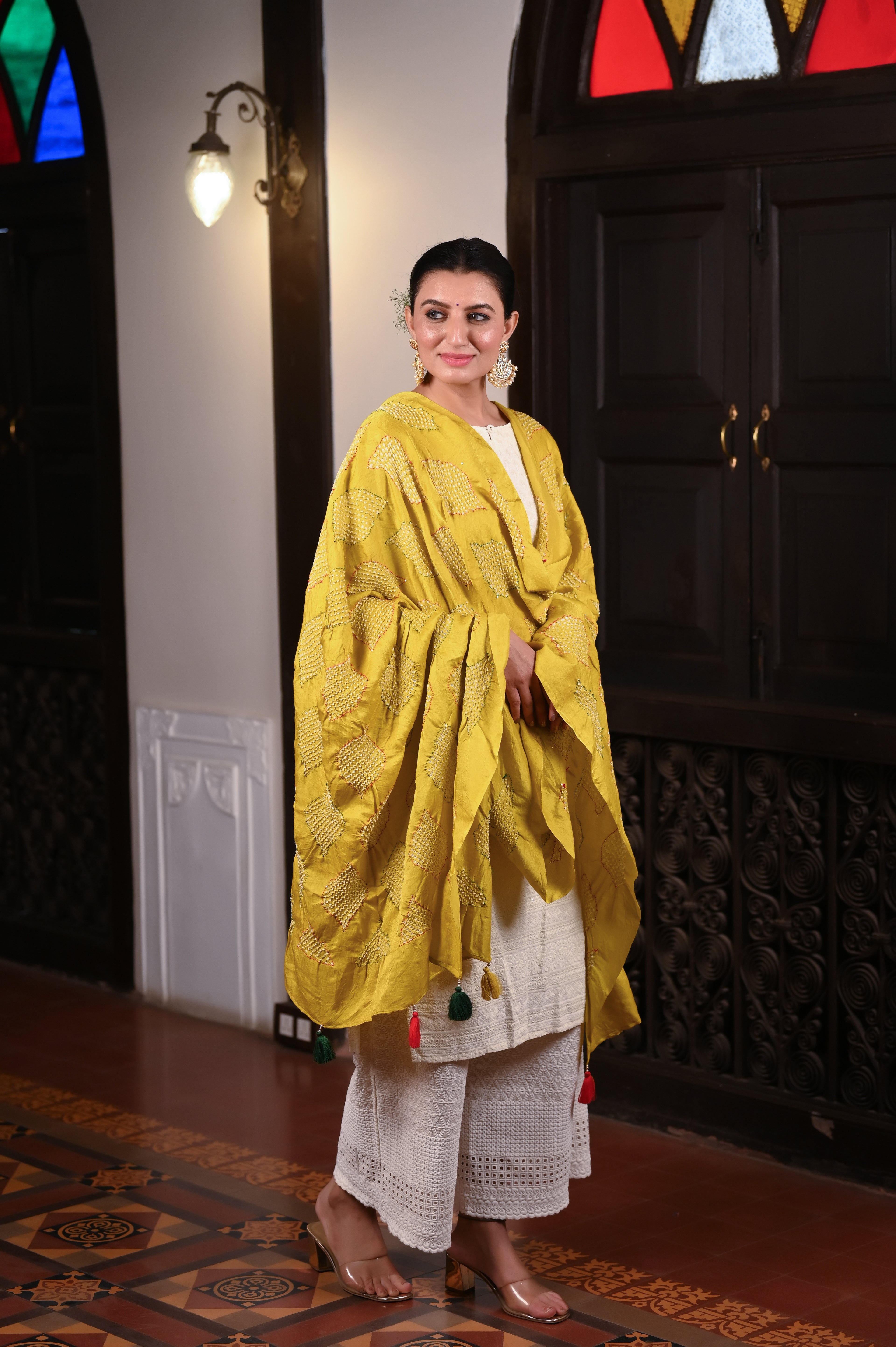 MUSTARD YELLOW GEOMETRIC BANDHANI SILK DUPATTA WITH EMBROIDERY AND MUKAISH WORK