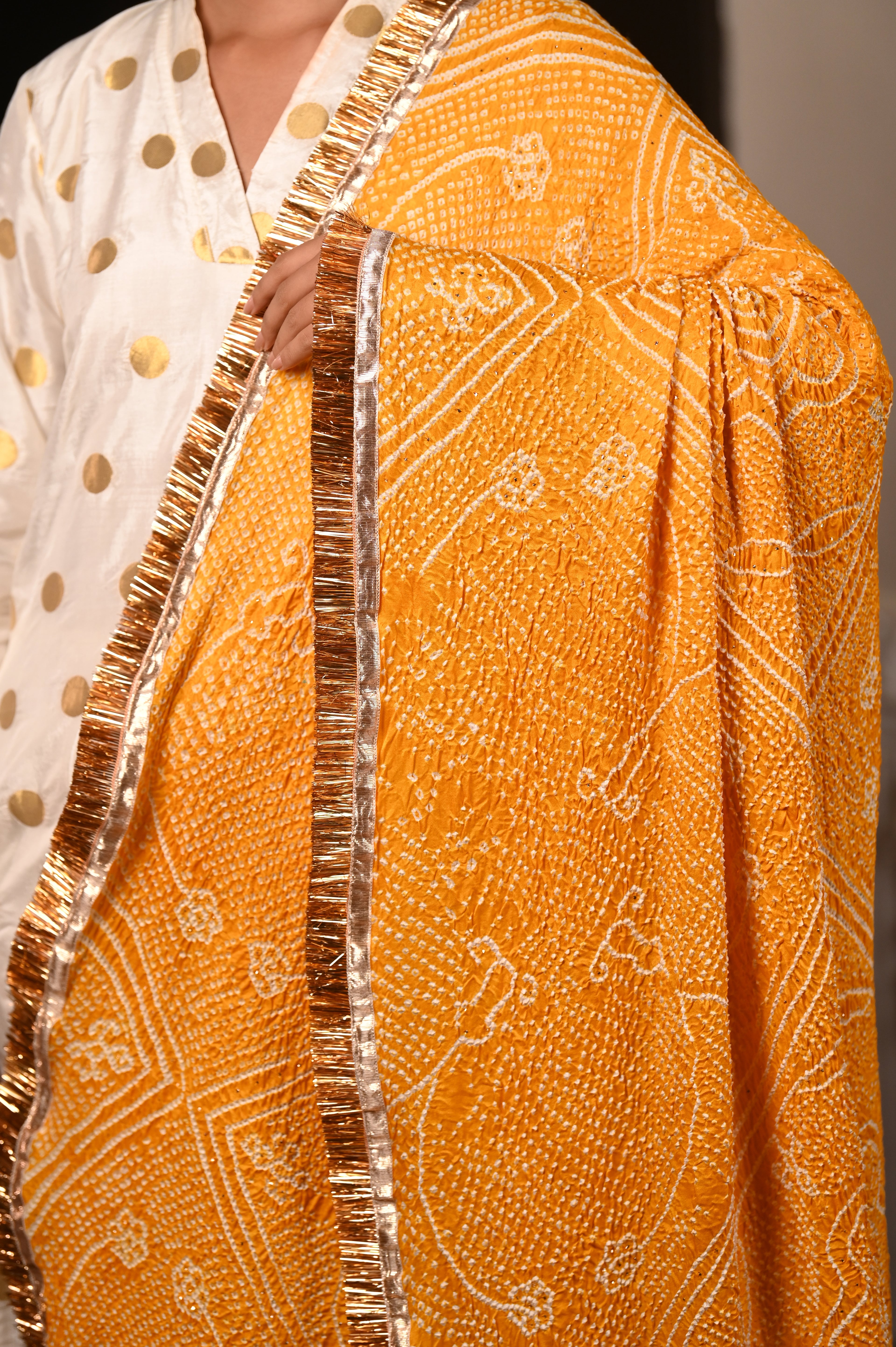 YELLOW RUMAL CLASSIC TRADITIONAL BANDHANI SILK DUPATTA WITH LAMPI AND KIRAN BORDER