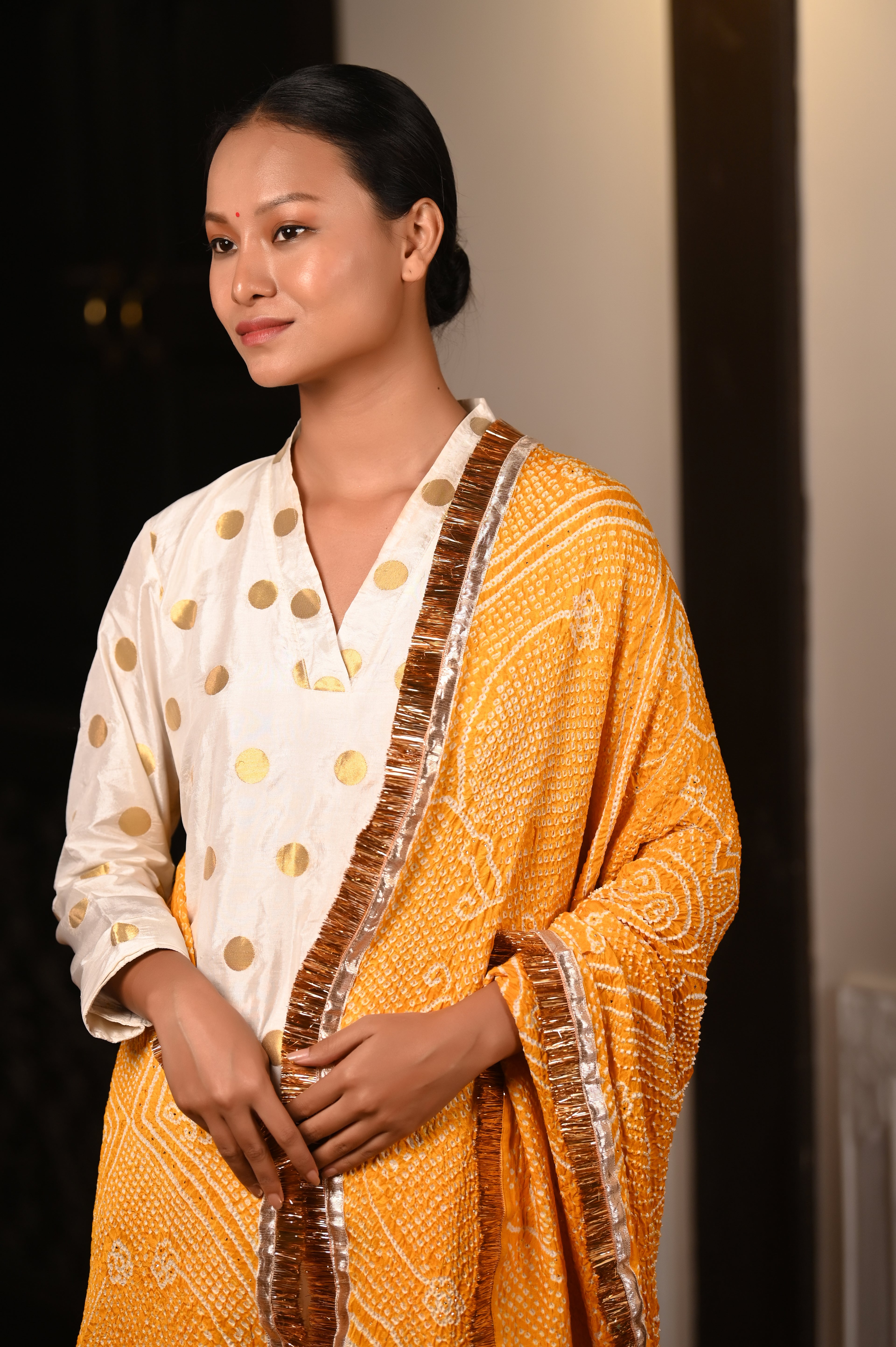 YELLOW RUMAL CLASSIC TRADITIONAL BANDHANI SILK DUPATTA WITH LAMPI AND KIRAN BORDER