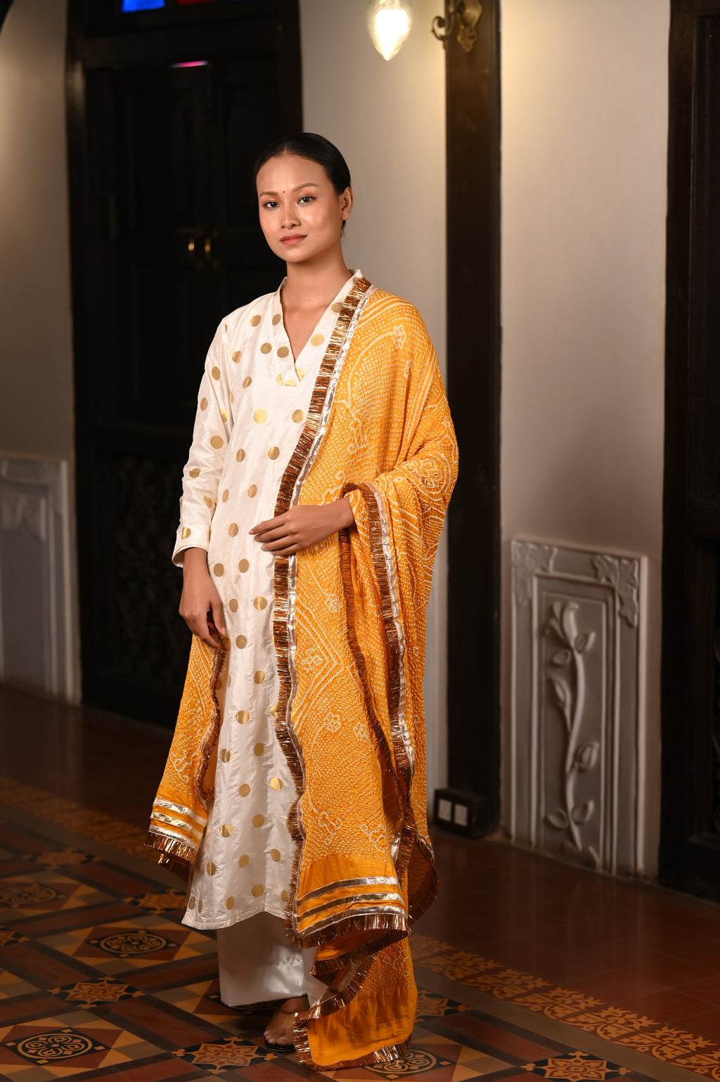 YELLOW RUMAL CLASSIC TRADITIONAL BANDHANI SILK DUPATTA WITH LAMPI AND KIRAN BORDER