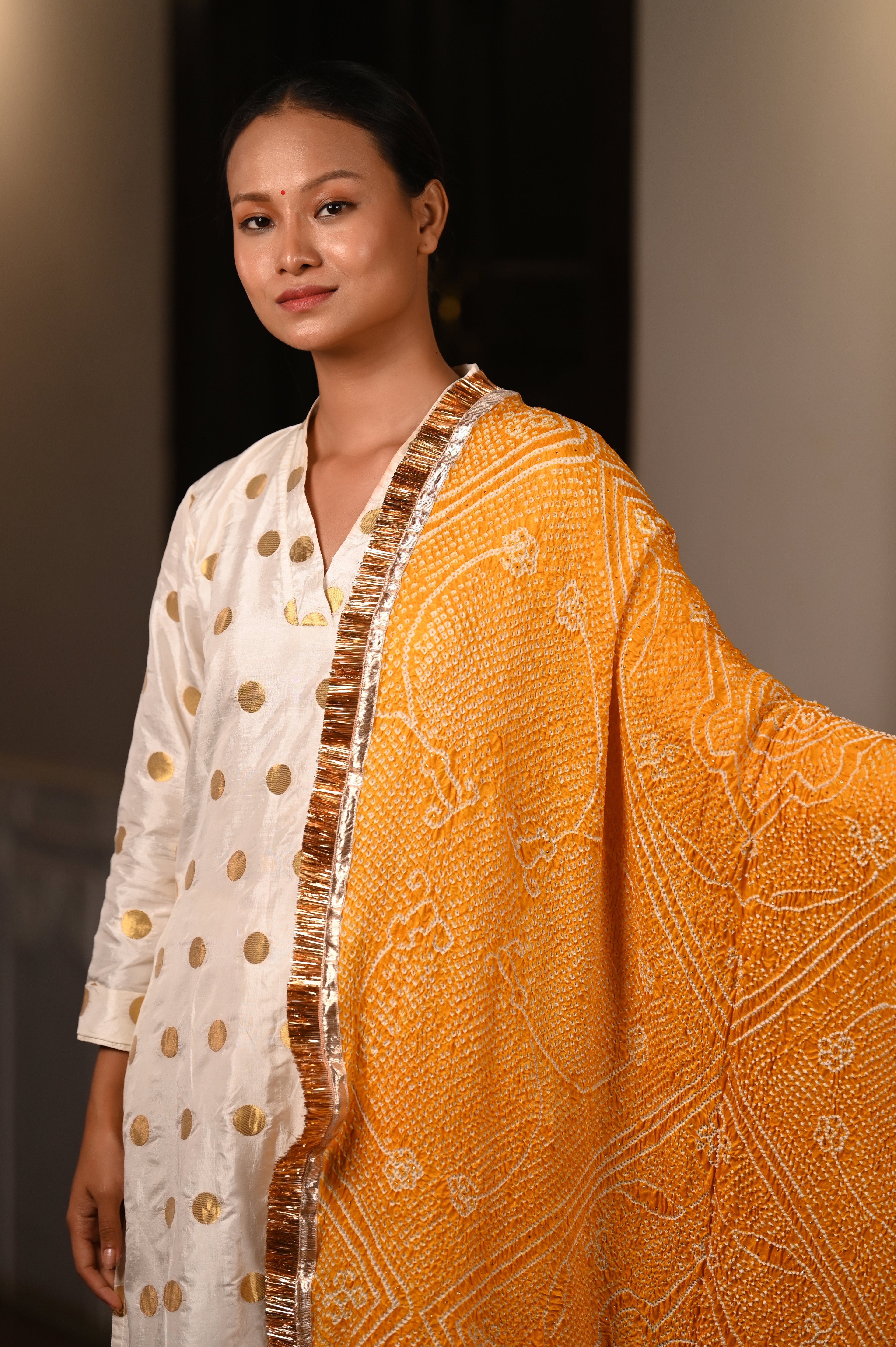 YELLOW RUMAL CLASSIC TRADITIONAL BANDHANI SILK DUPATTA WITH LAMPI AND KIRAN BORDER
