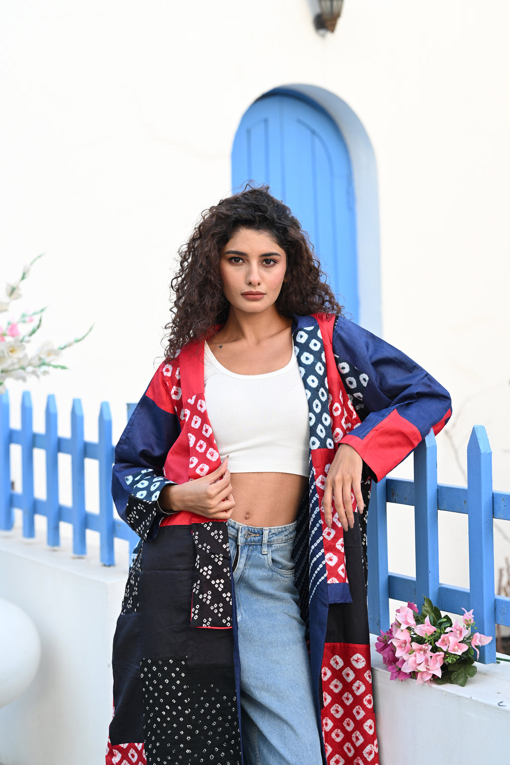 BLUE-BLACK-RED PATCHWORK REVERSIBLE SILK JACKET