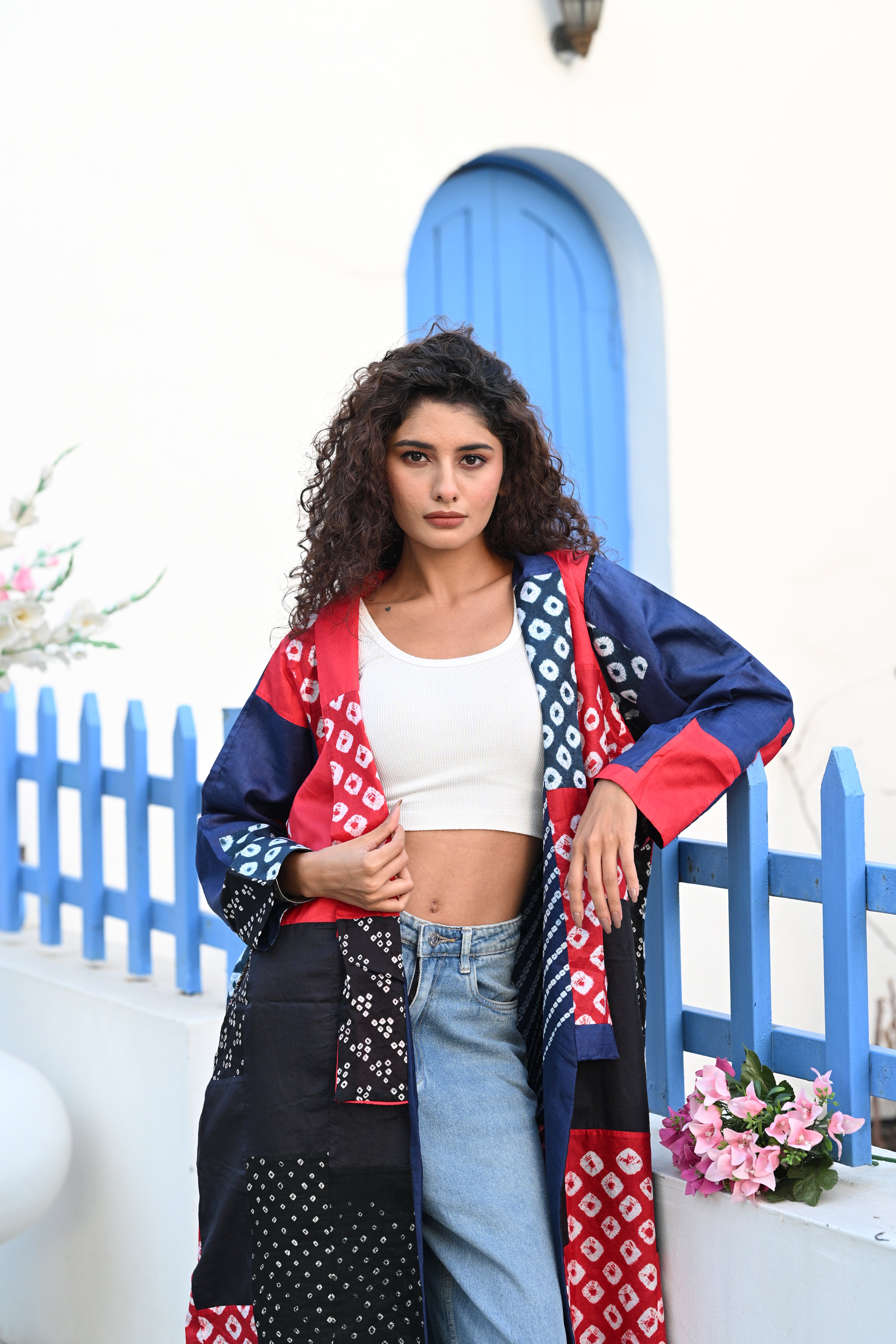 BLUE-BLACK-RED PATCHWORK REVERSIBLE SILK JACKET