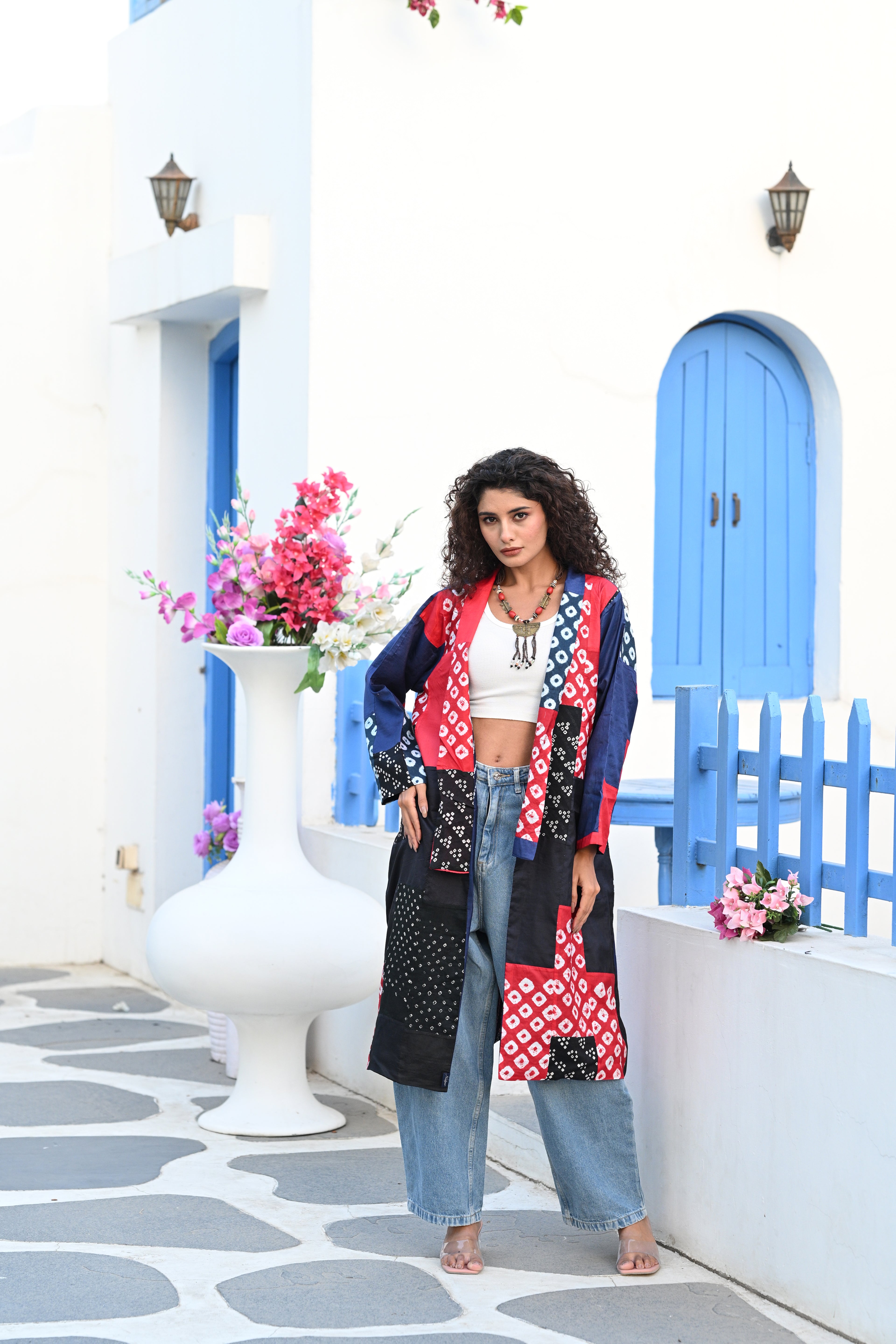 BLUE-BLACK-RED PATCHWORK REVERSIBLE SILK JACKET