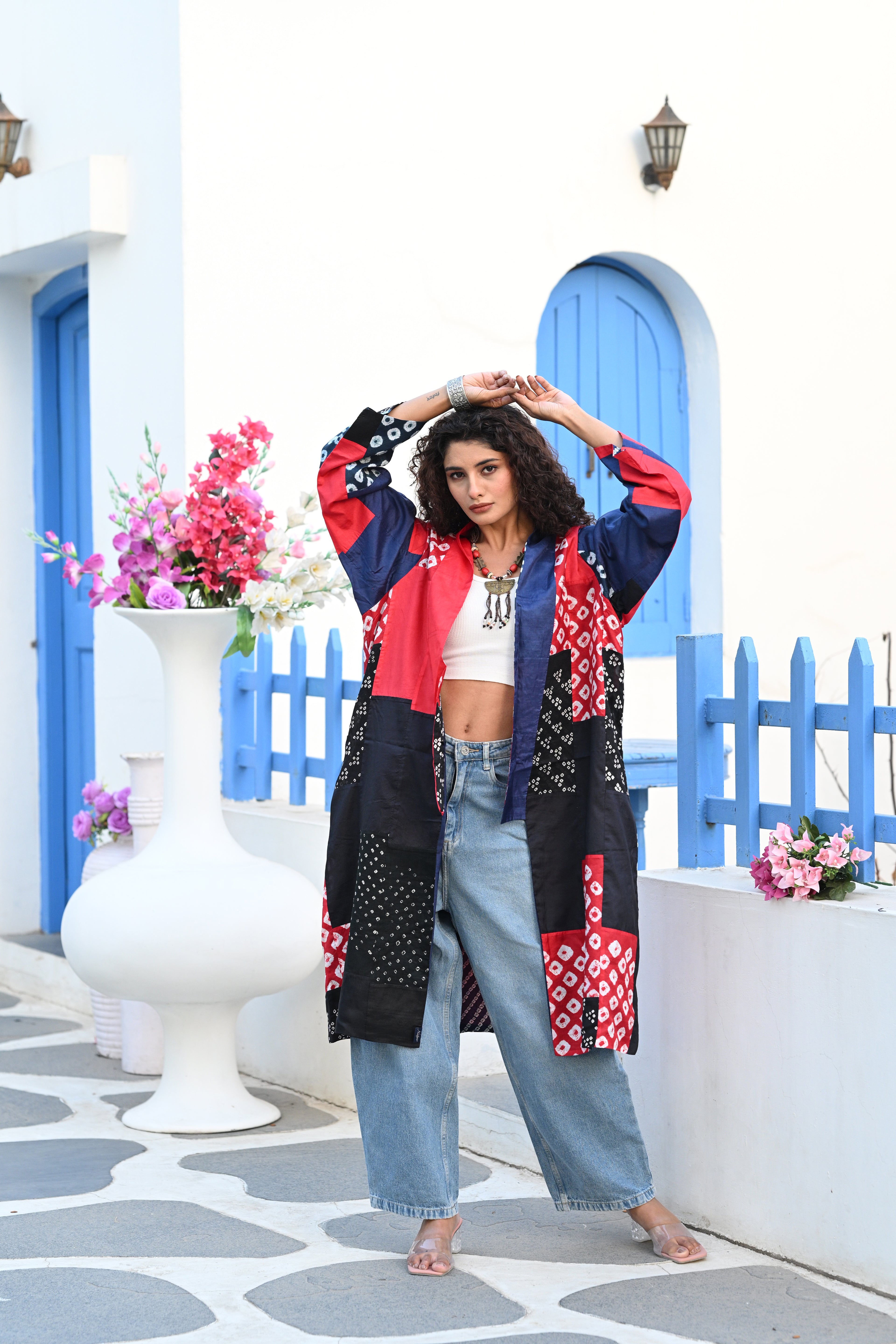 BLUE-BLACK-RED PATCHWORK REVERSIBLE SILK JACKET