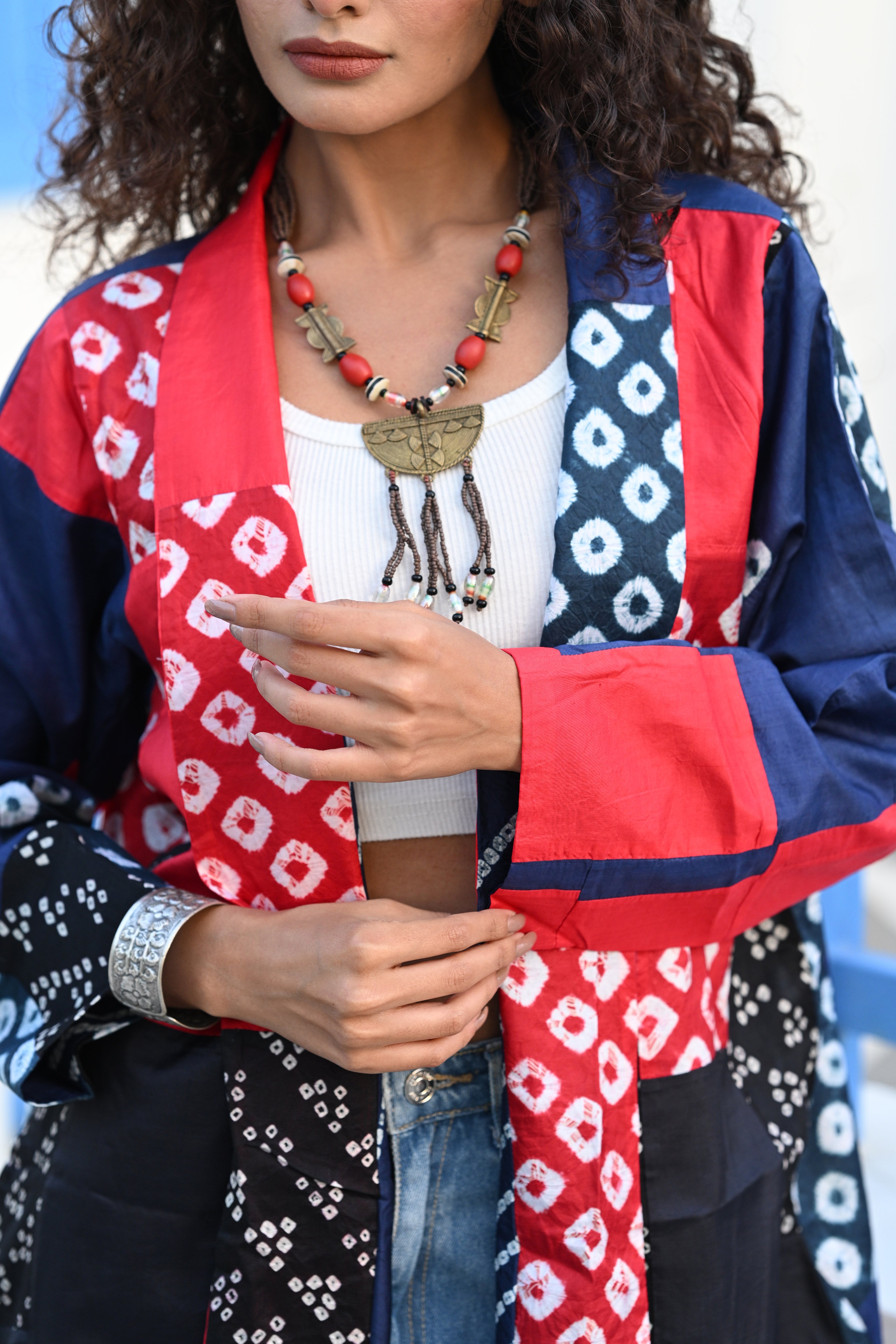 BLUE-BLACK-RED PATCHWORK REVERSIBLE SILK JACKET
