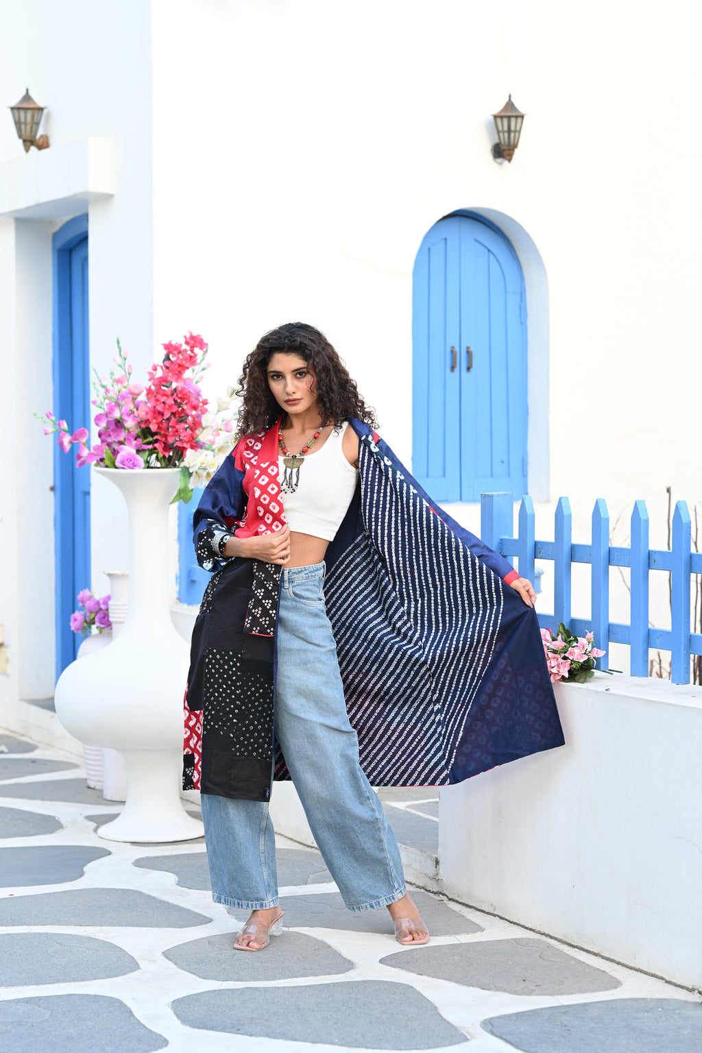 BLUE-BLACK-RED PATCHWORK REVERSIBLE SILK JACKET
