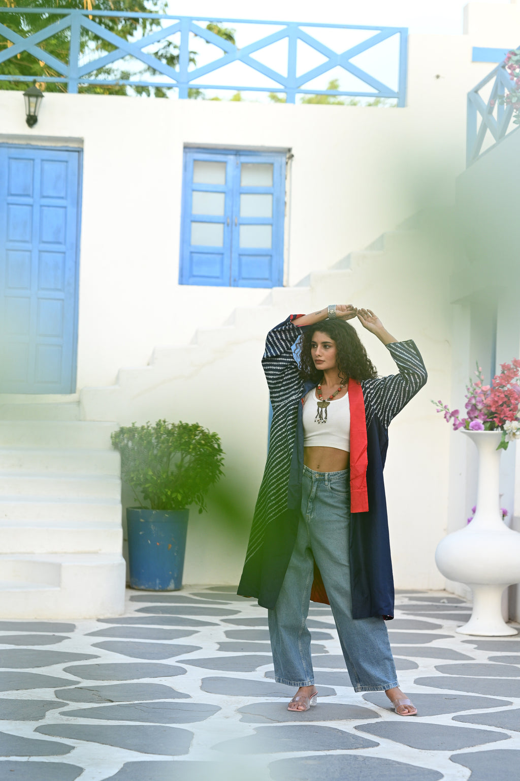 BLUE-BLACK-RED PATCHWORK REVERSIBLE SILK JACKET