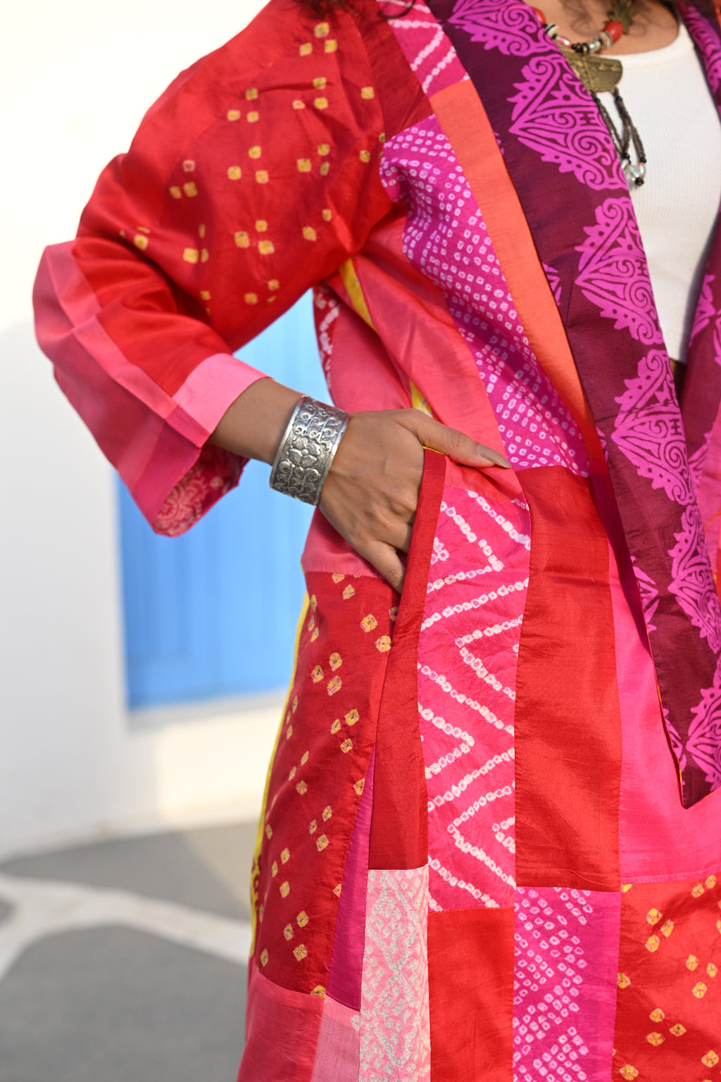 PINK-RED PATCHWORK REVERSIBLE SILK JACKET