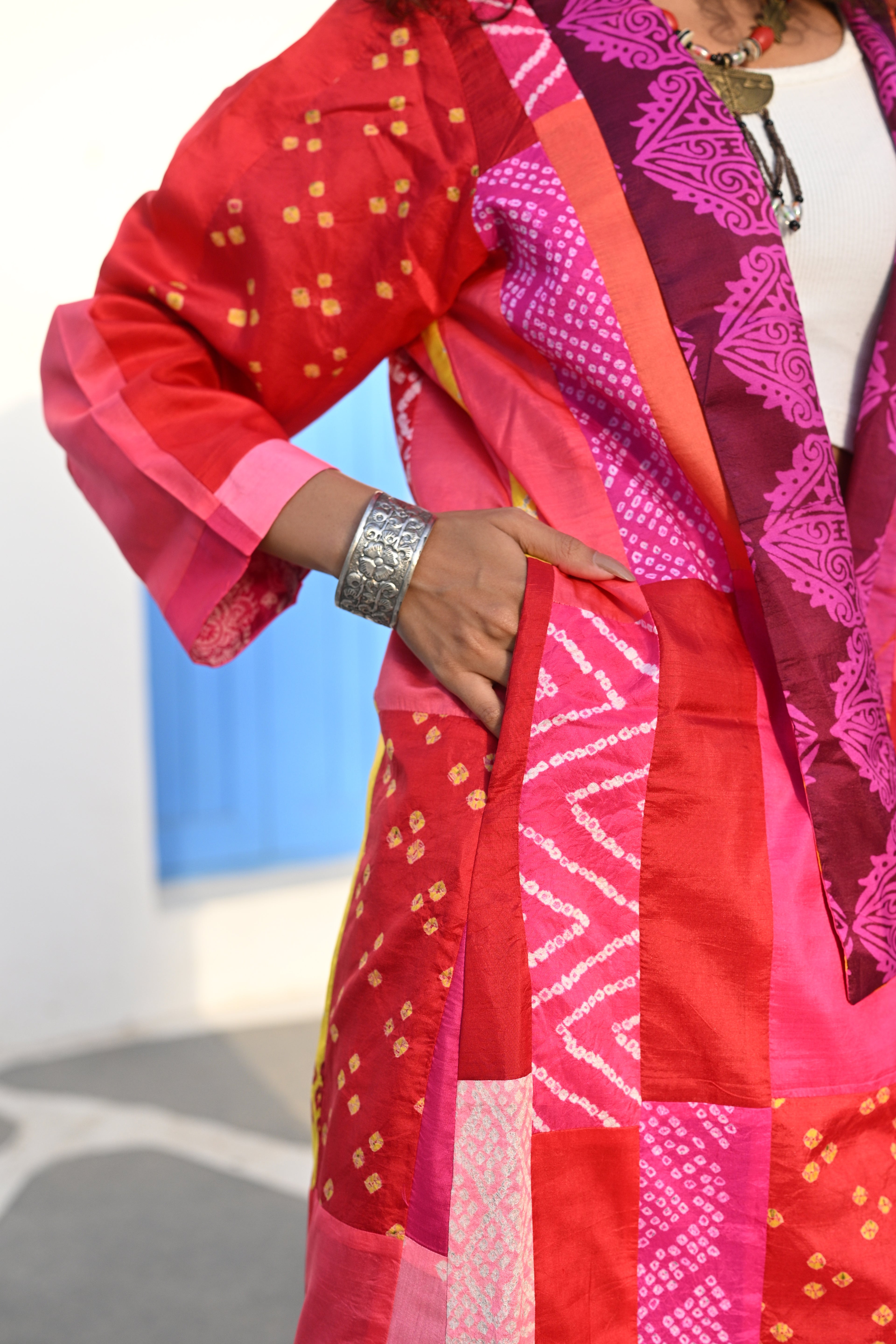 PINK-RED PATCHWORK REVERSIBLE SILK JACKET