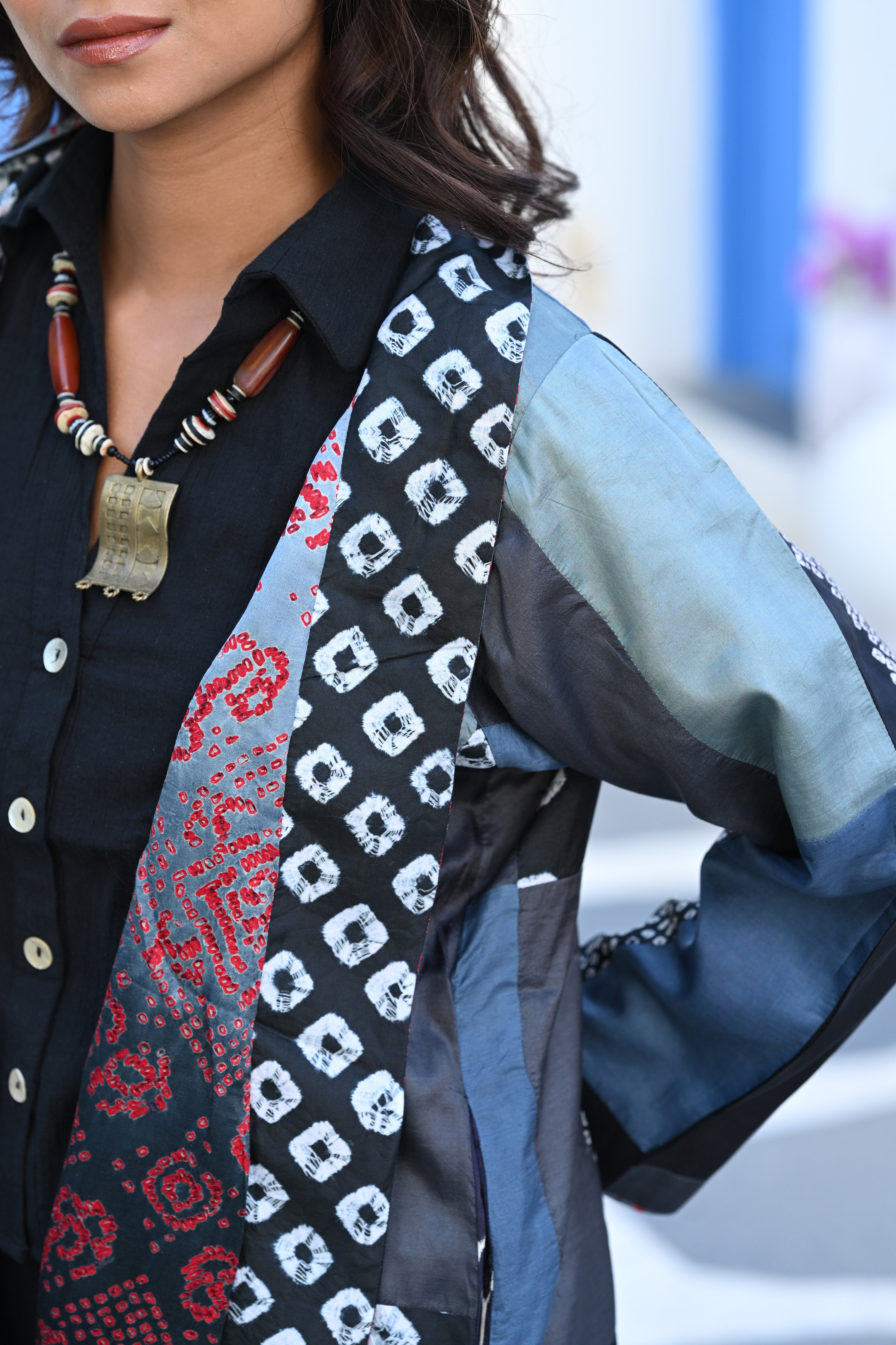 BLACK - GREY PATCHWORK REVERSIBLE SILK JACKET