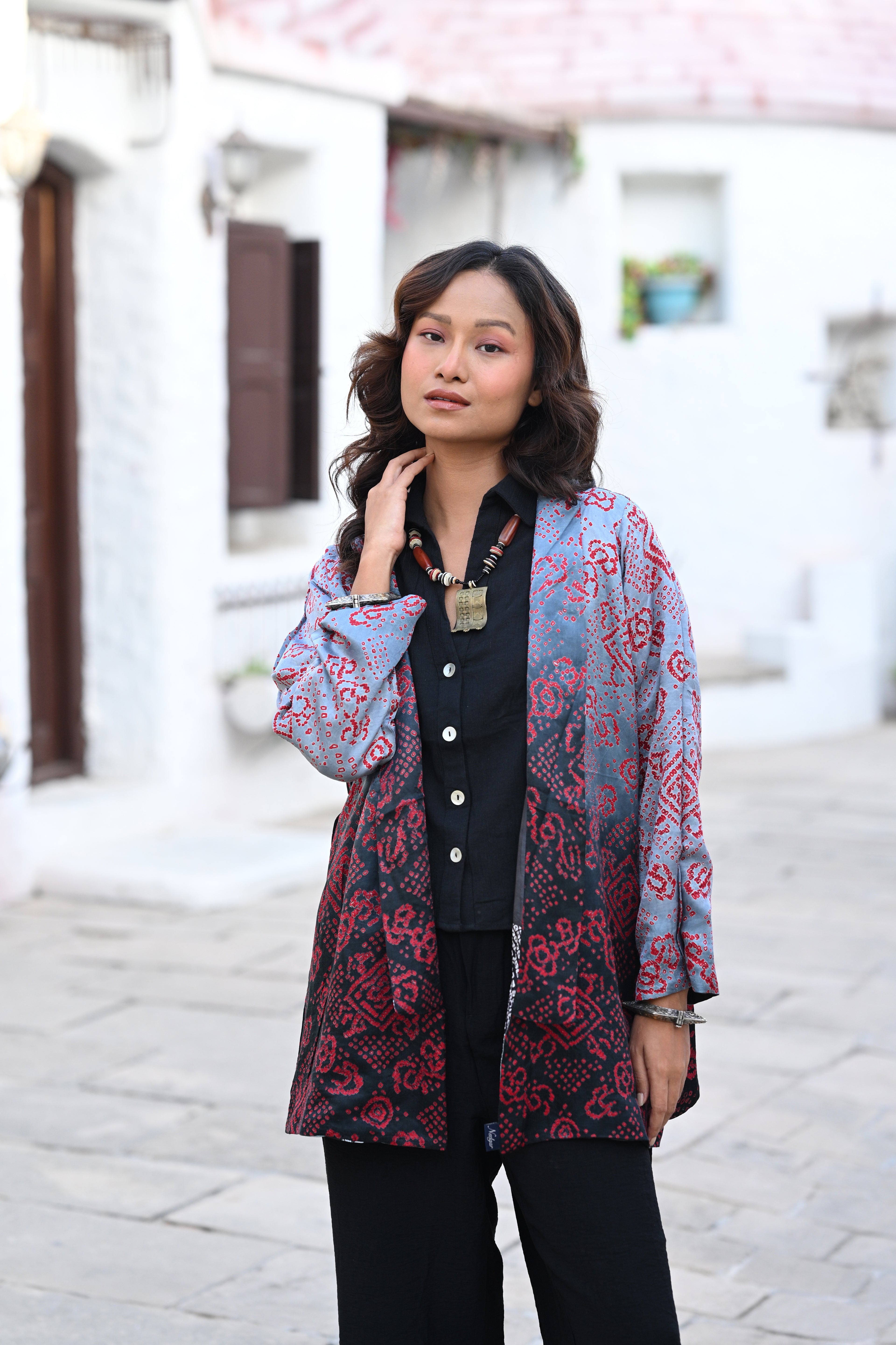 BLACK - GREY PATCHWORK REVERSIBLE SILK JACKET