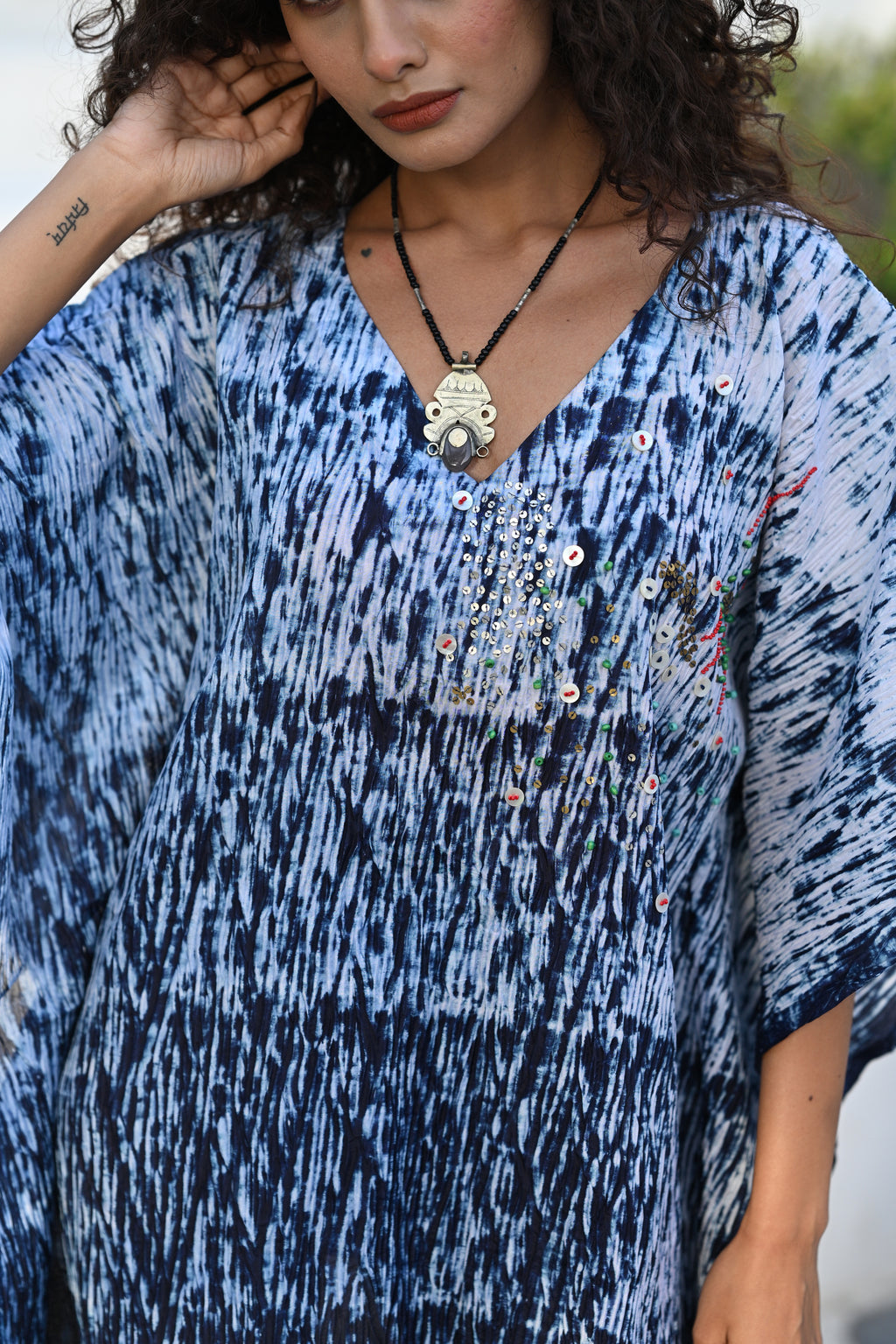 INDIGO BLUE EMBROIDERED SILK KAFTAN