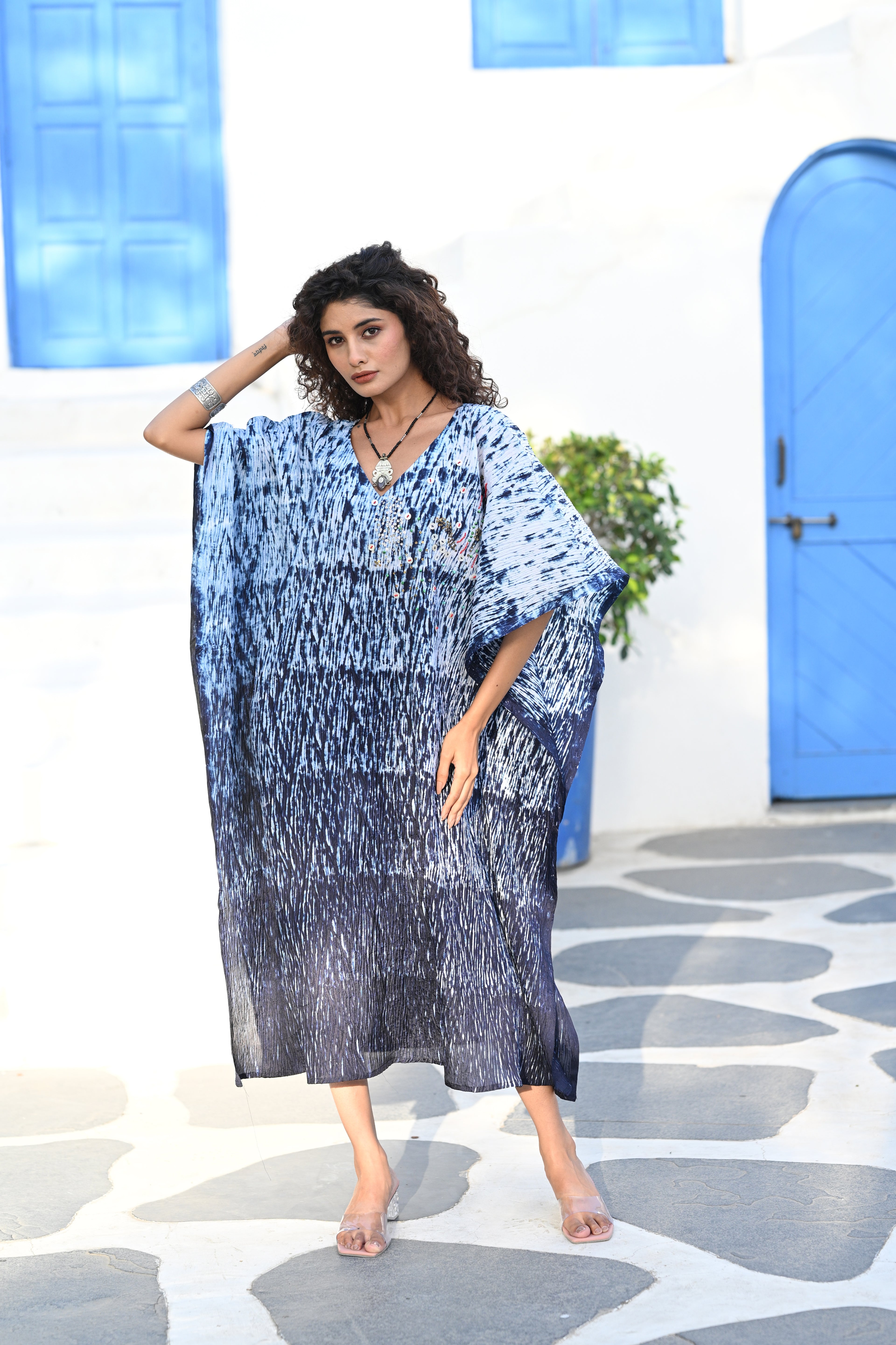 INDIGO BLUE EMBROIDERED SILK KAFTAN