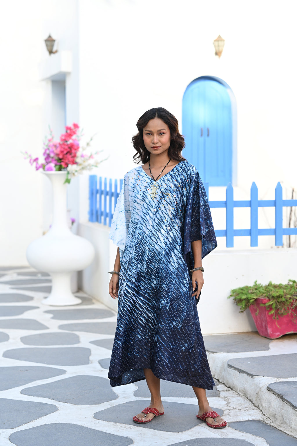 INDIGO BLUE EMBROIDERED SILK SHIBORI KAFTAN