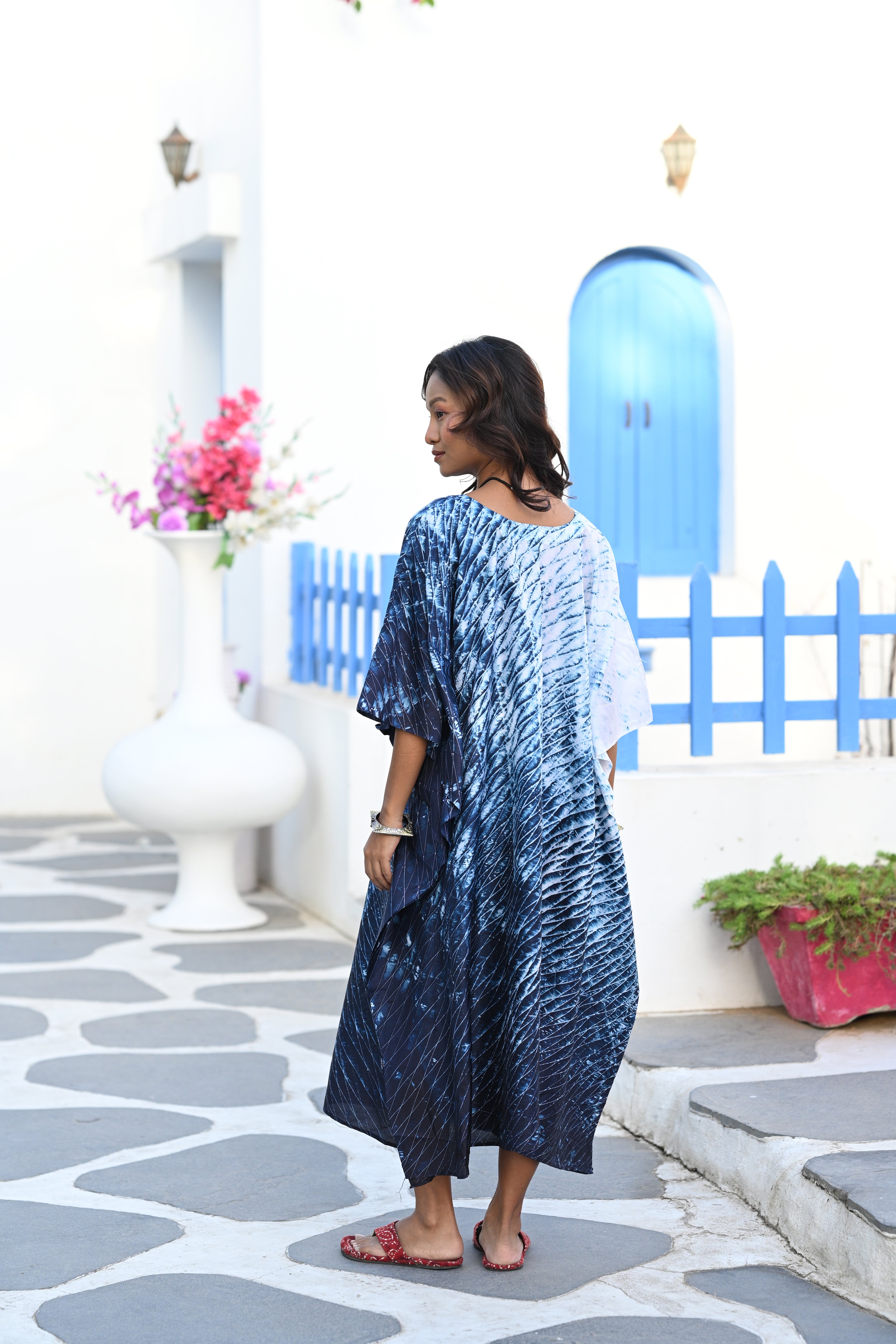 INDIGO BLUE EMBROIDERED SILK SHIBORI KAFTAN