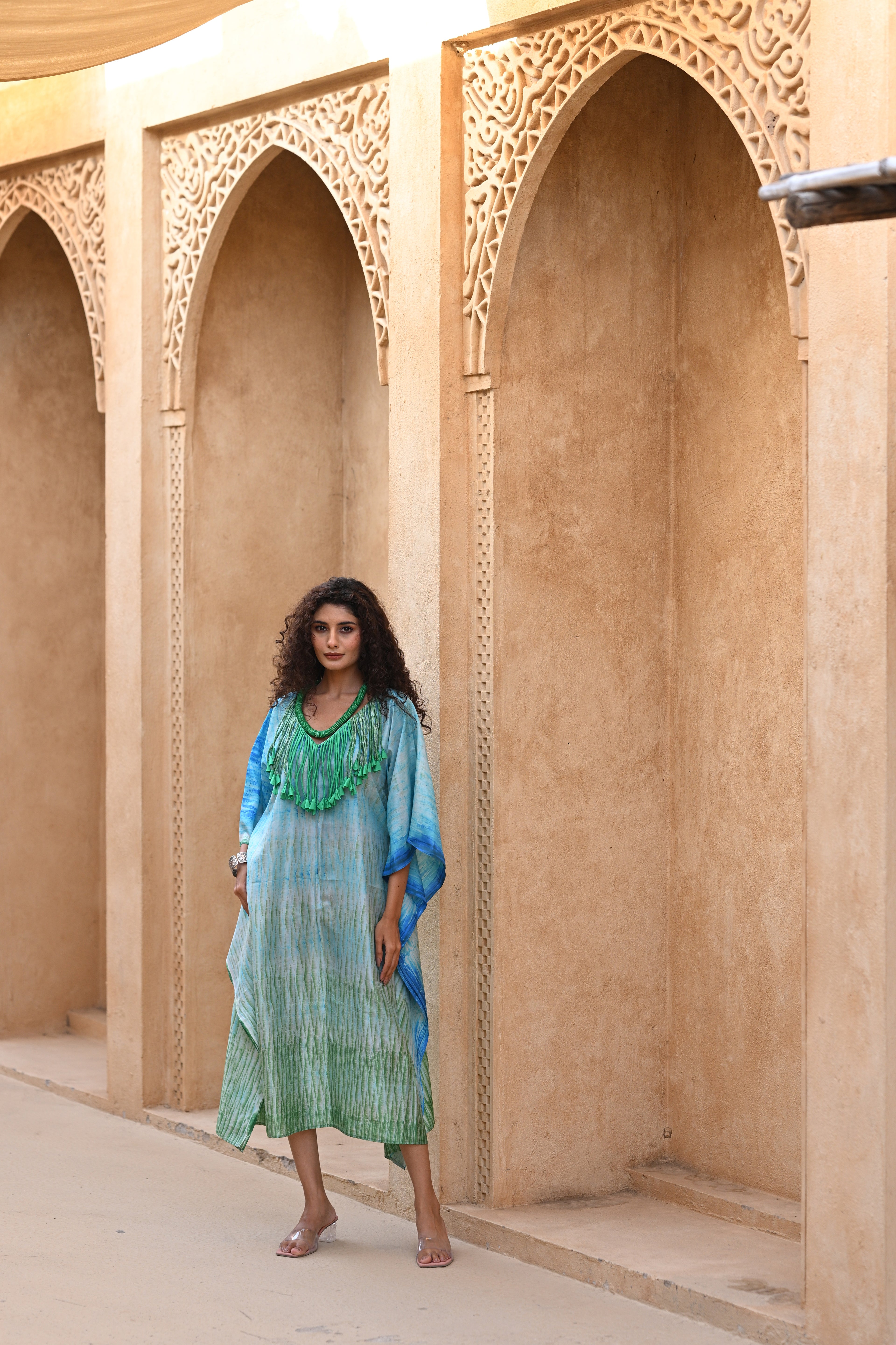 BLUE-GREEN SILK SHIBORI KAFTAN
