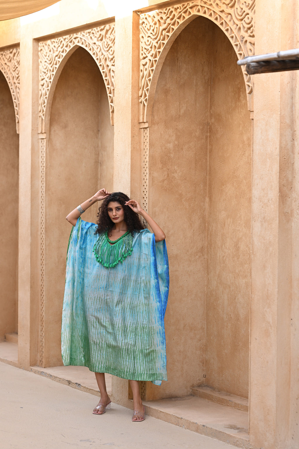 BLUE-GREEN SILK SHIBORI KAFTAN