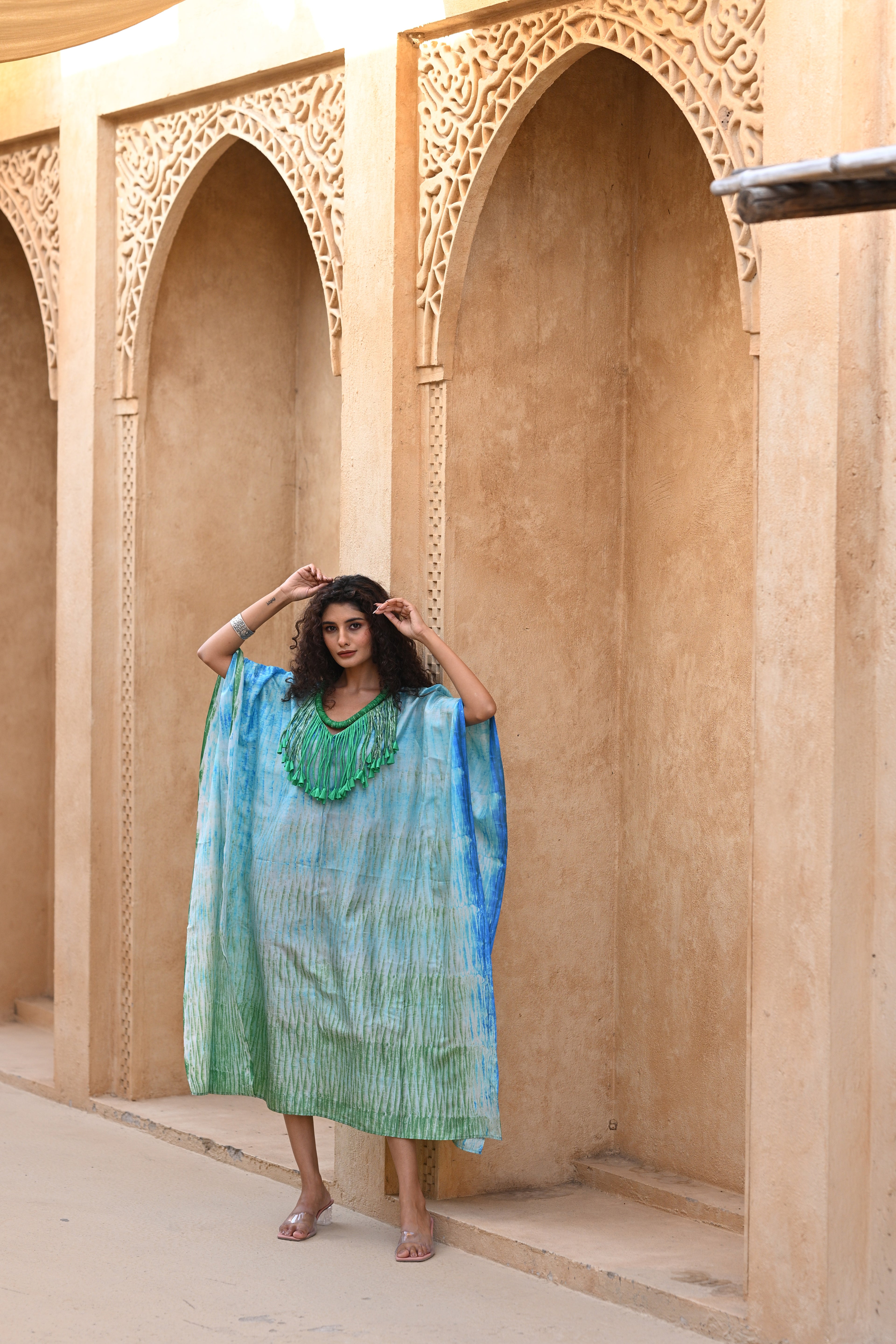 BLUE-GREEN SILK SHIBORI KAFTAN