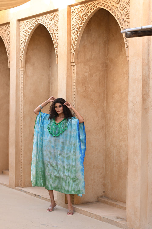 BLUE-GREEN SILK SHIBORI KAFTAN