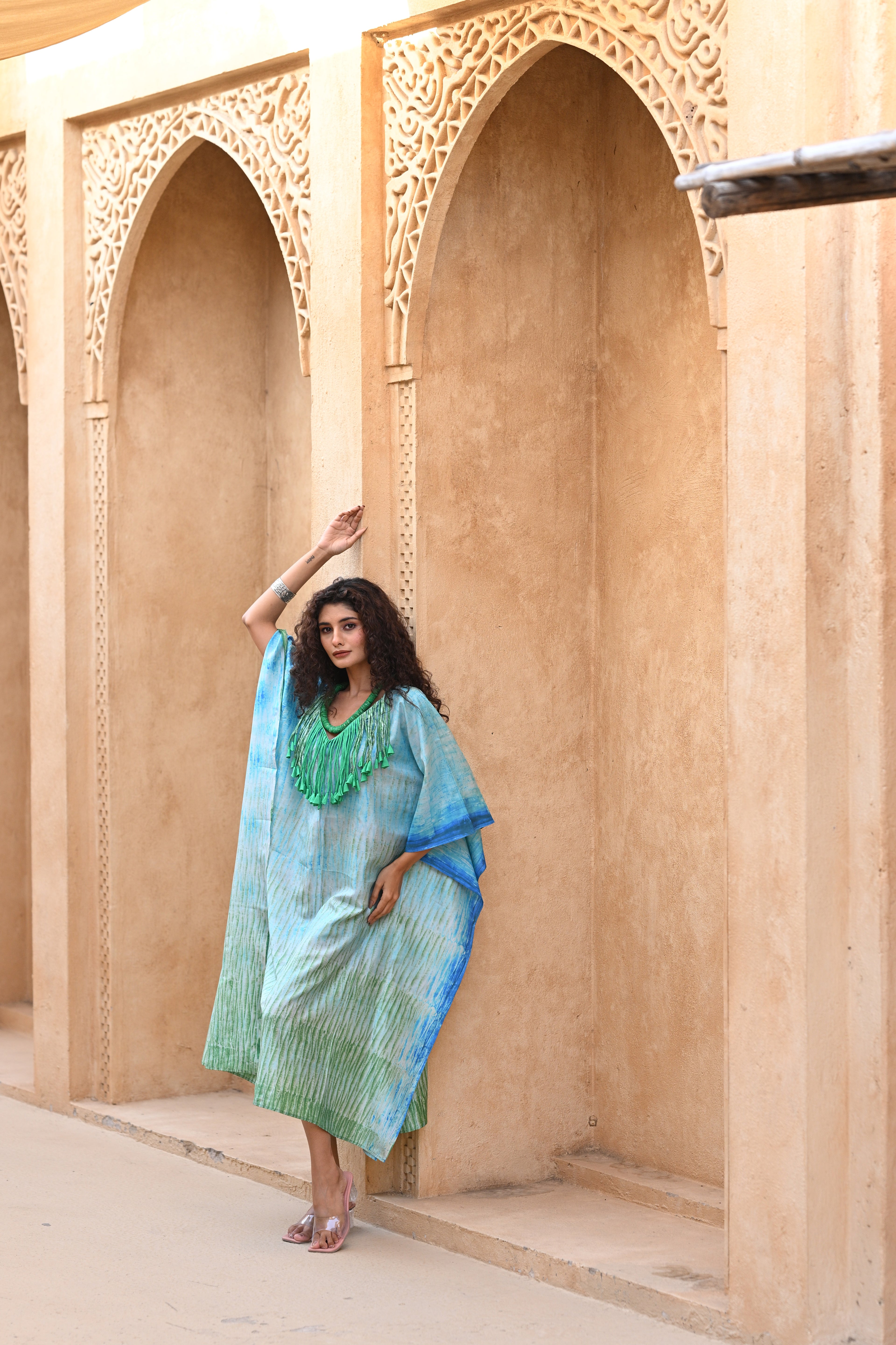 BLUE-GREEN SILK SHIBORI KAFTAN