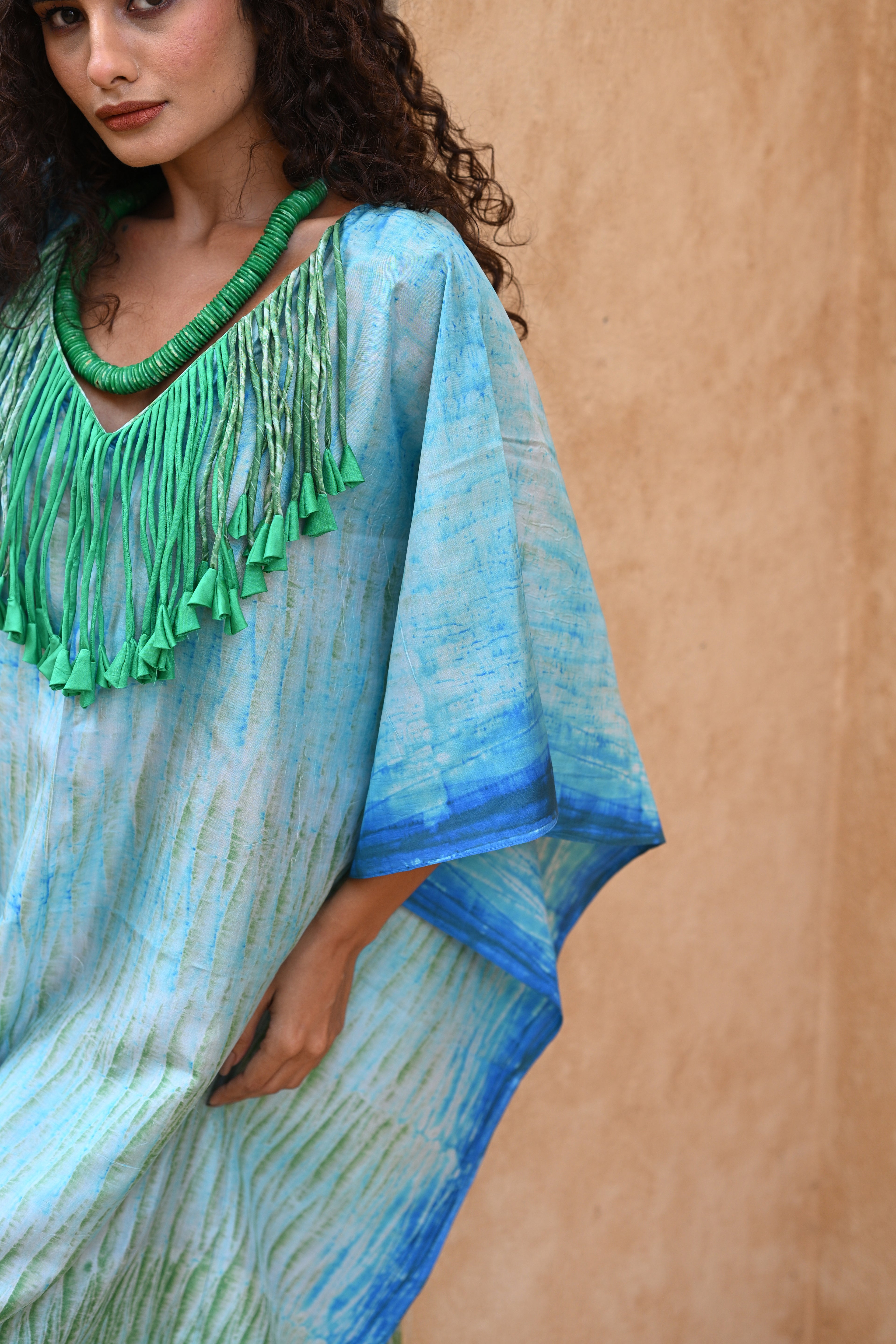 BLUE-GREEN SILK SHIBORI KAFTAN