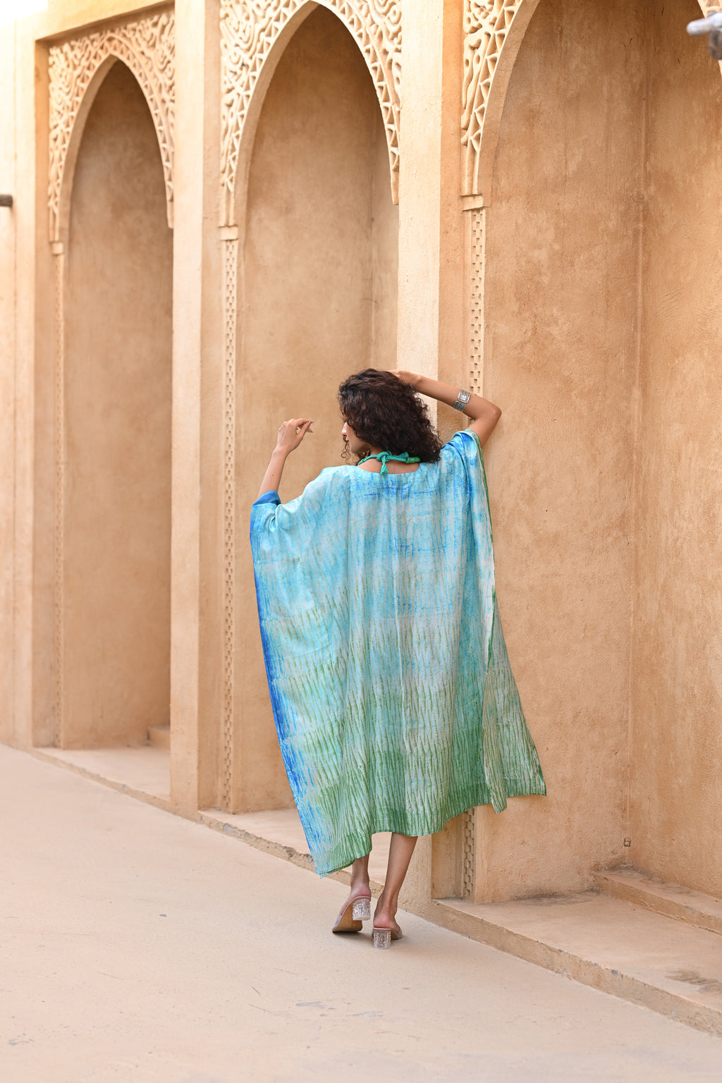 BLUE-GREEN SILK SHIBORI KAFTAN