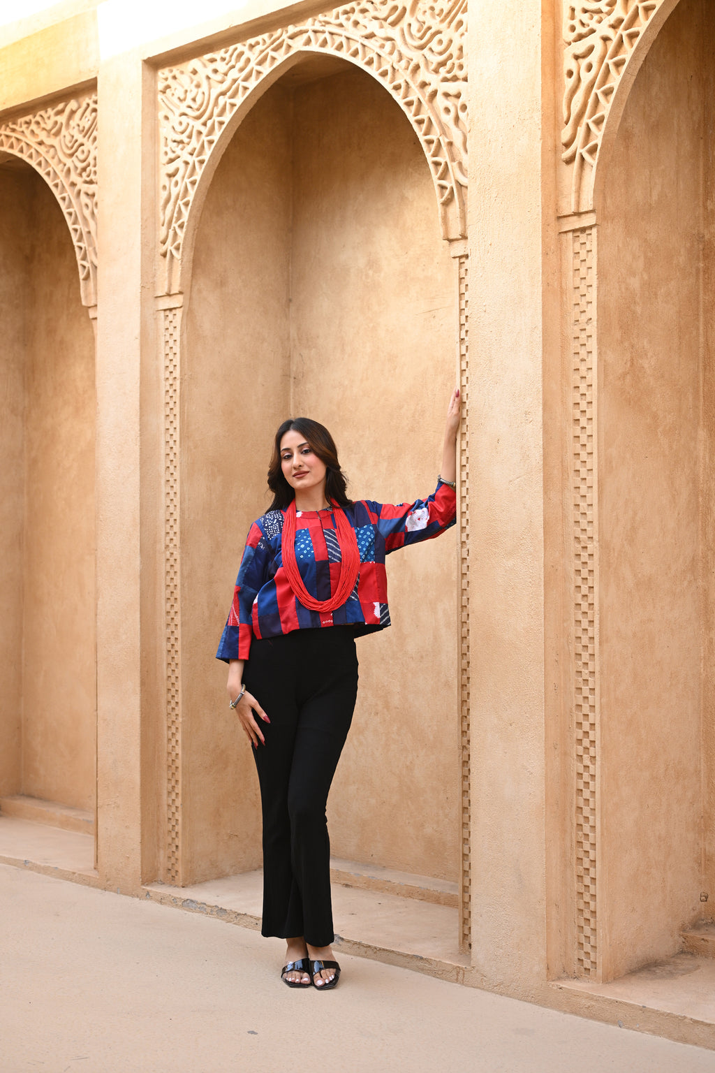 RED-BLUE PATCHWORK SILK BLOUSE