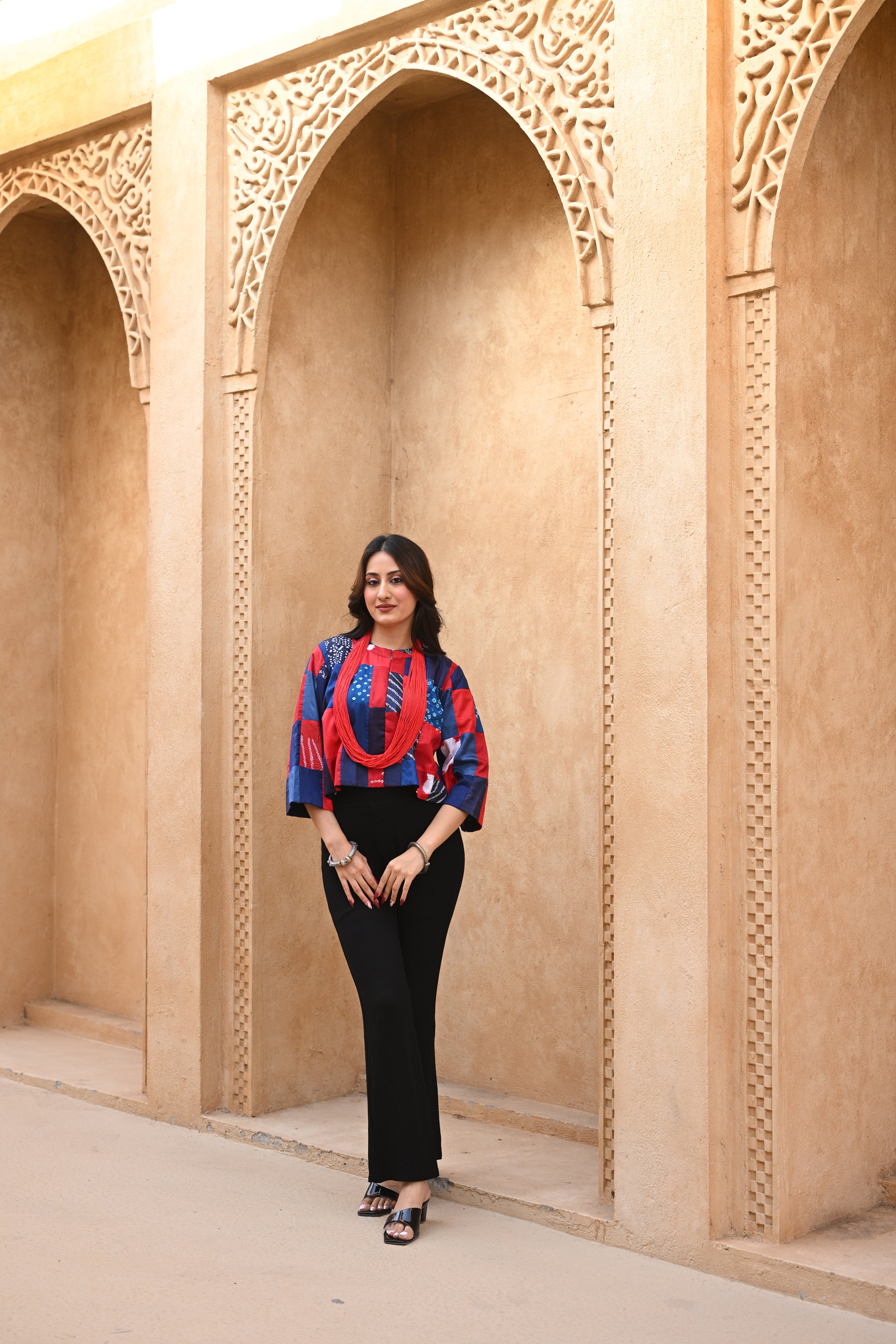 RED-BLUE PATCHWORK SILK BLOUSE